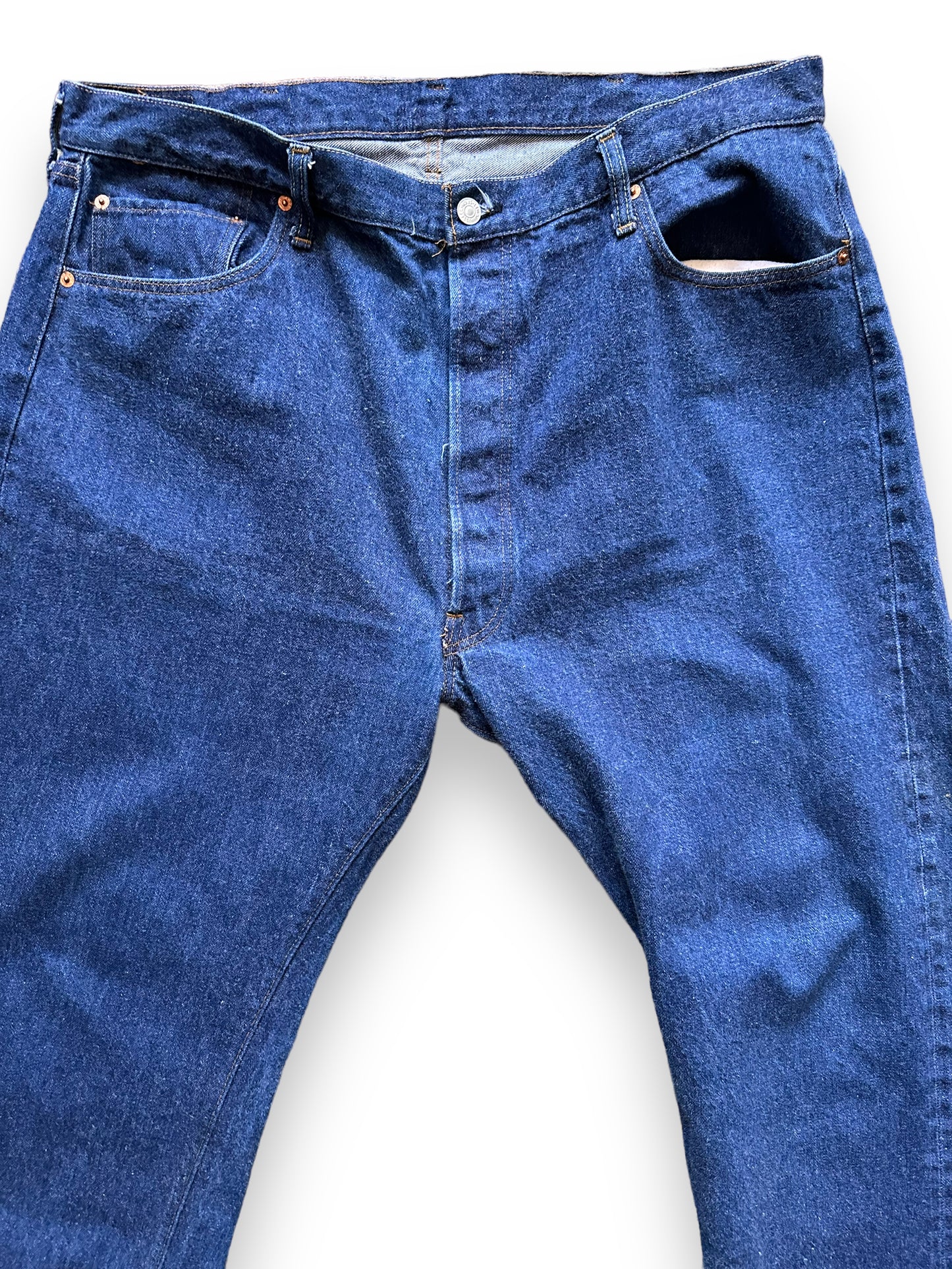 Upper Front View of Vintage Double Stitch Levi's 501 Redlines W41 | Vintage Selvedge Denim Seattle | Barn Owl Vintage Workwear