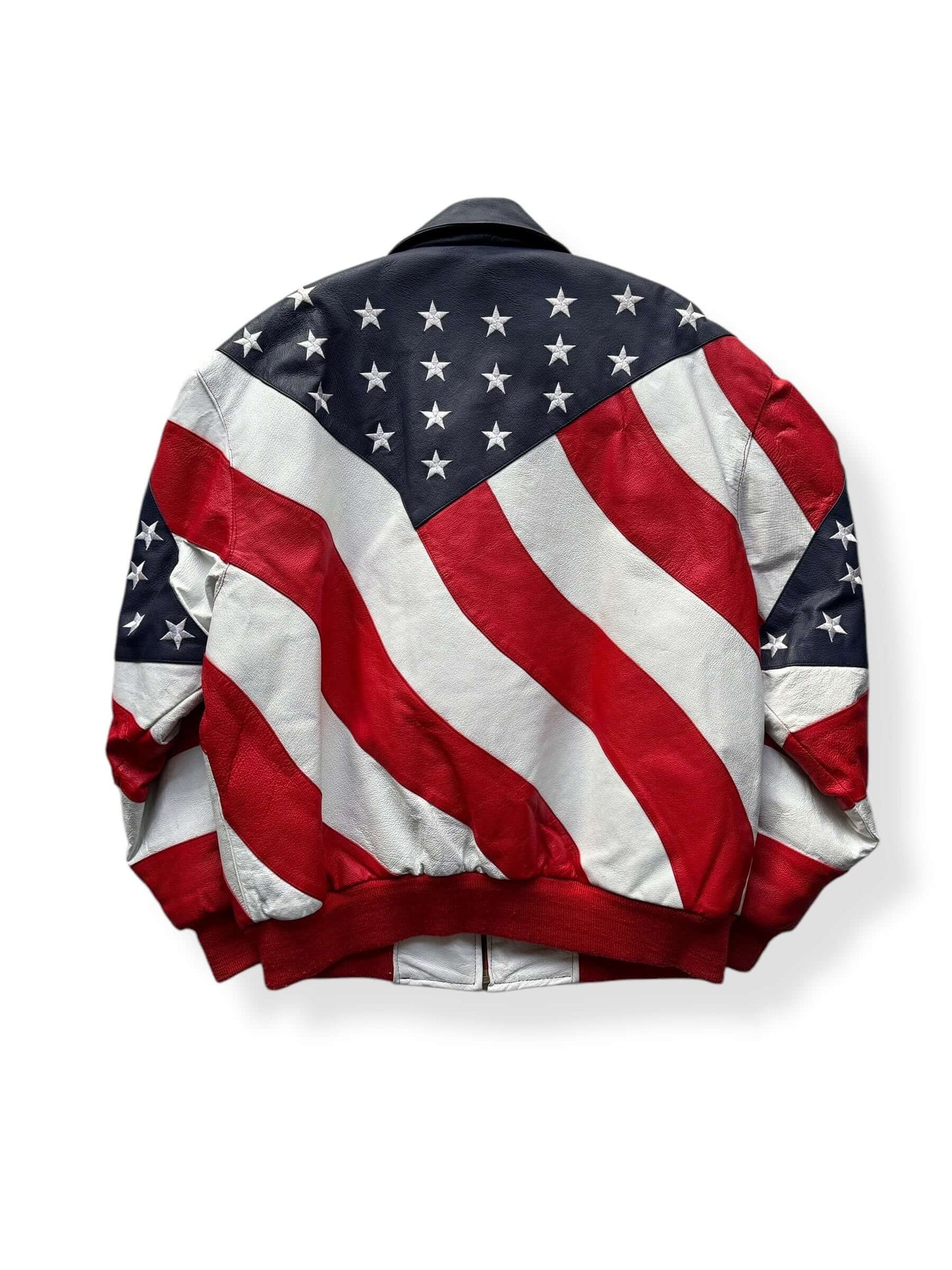 Back of Vintage Michael Hoban WhereMI Flag Leather Jacket SZ M