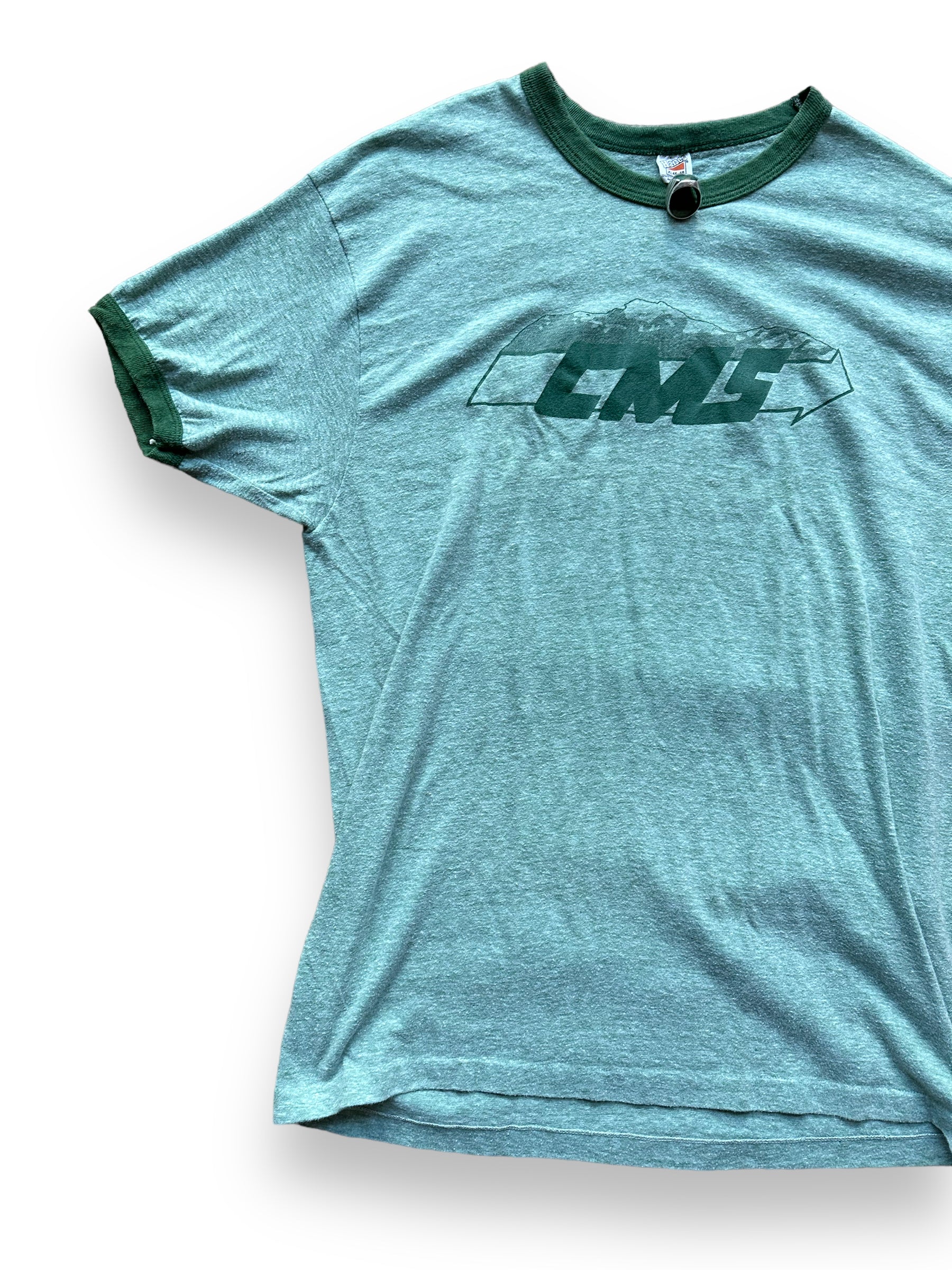 Front Right View of Vintage Cascade Moving Green Ringer Tee SZ XL | Vintage Graphic T-Shirts Seattle | Barn Owl Vintage Tees Seattle