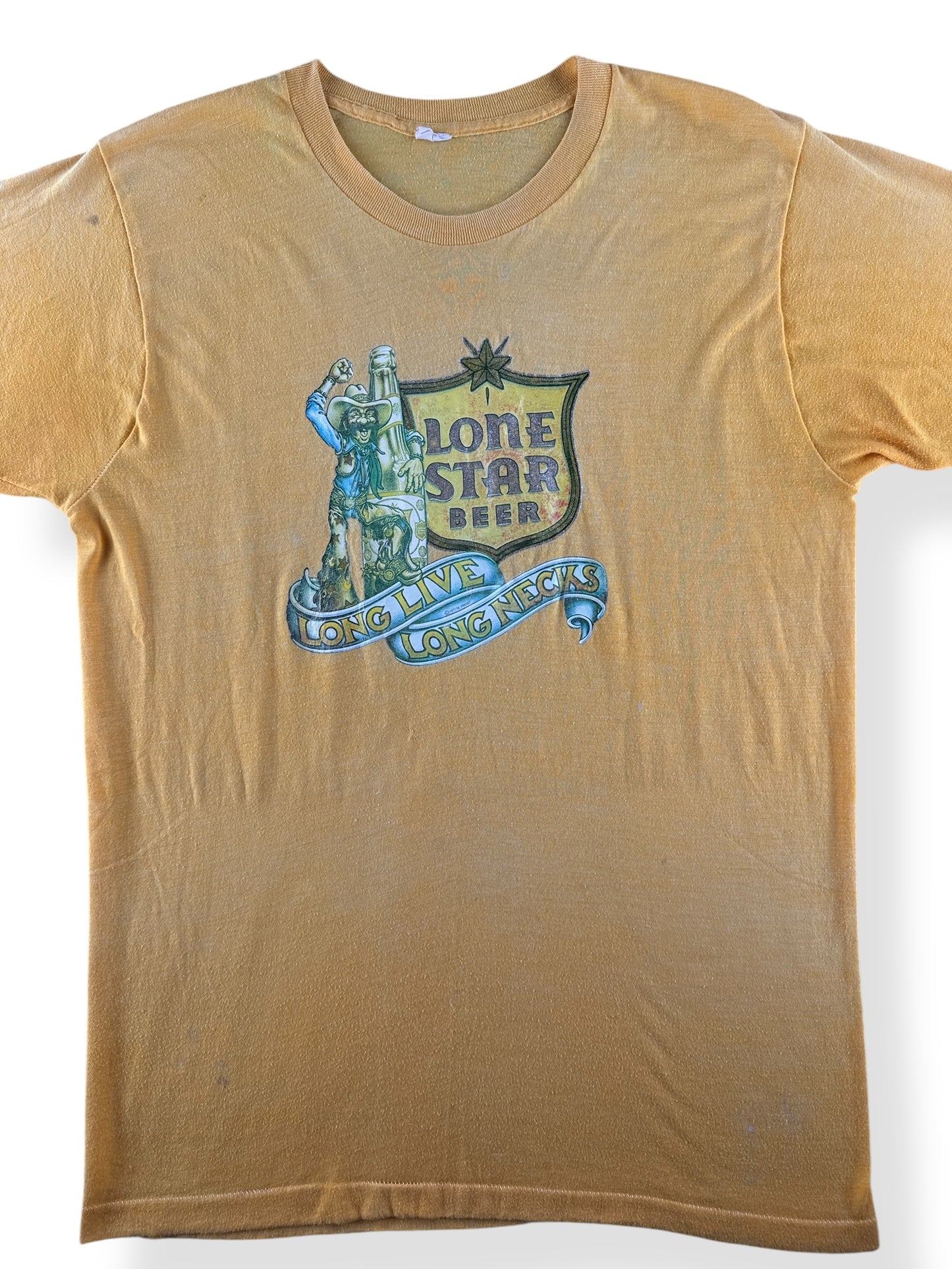 Front Close Up of Vintage Lone Star Beer Heat Pressed Tee SZ M