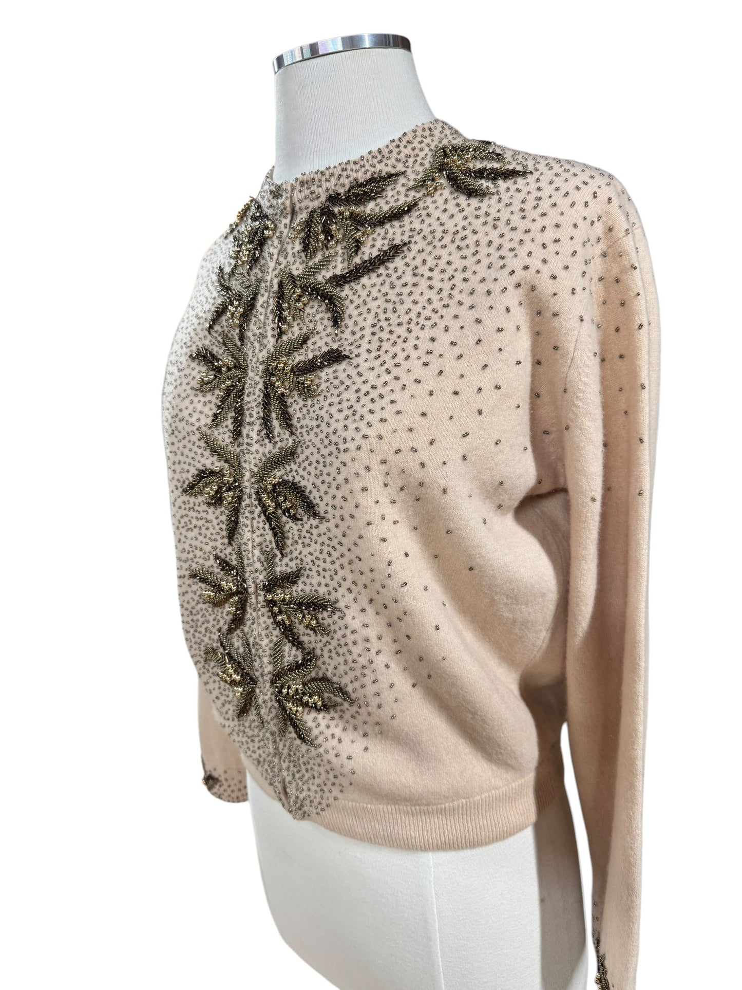 Side view of 1950s Beaded Lamb's Wool/Angora Cardigan M