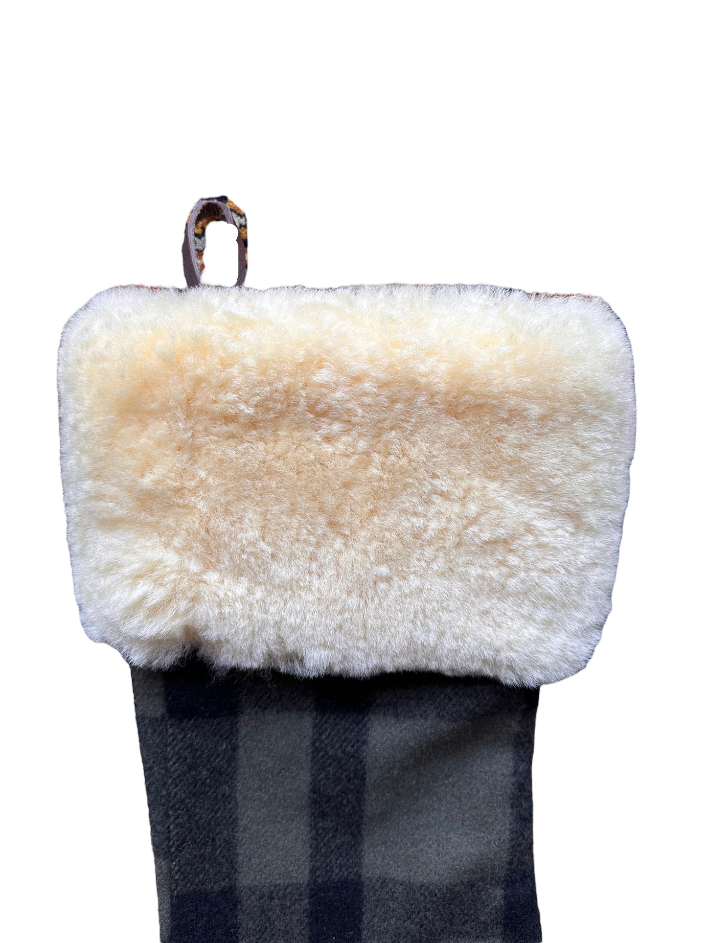 Shearling Strip on Filson Forest Green Plaid Mackinaw Wool Christmas Stocking |  Barn Owl Vintage Goods | Vintage Filson Workwear Seattle