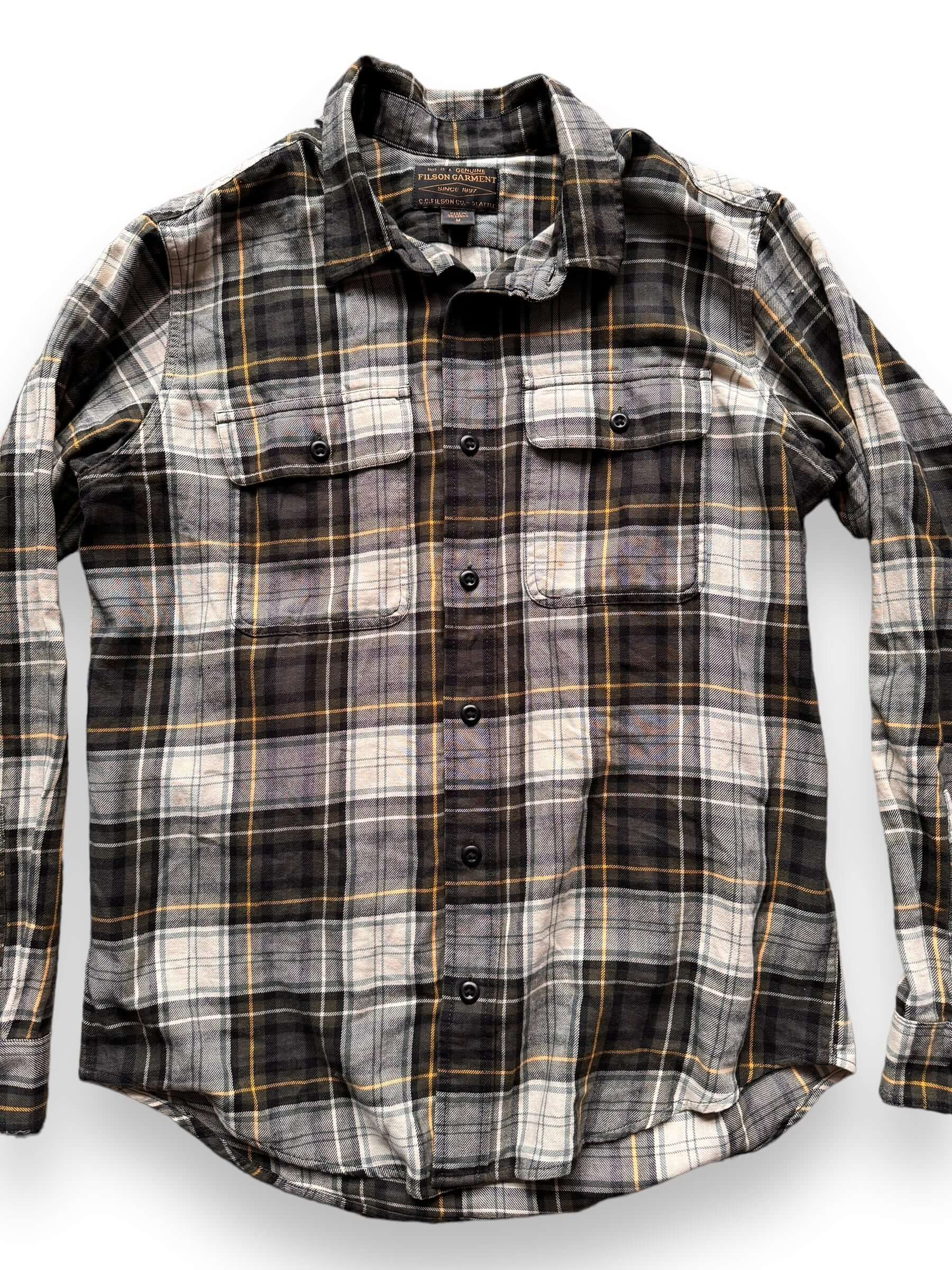 front close up of Filson Forest Green Plaid Scout Shirt SZ M