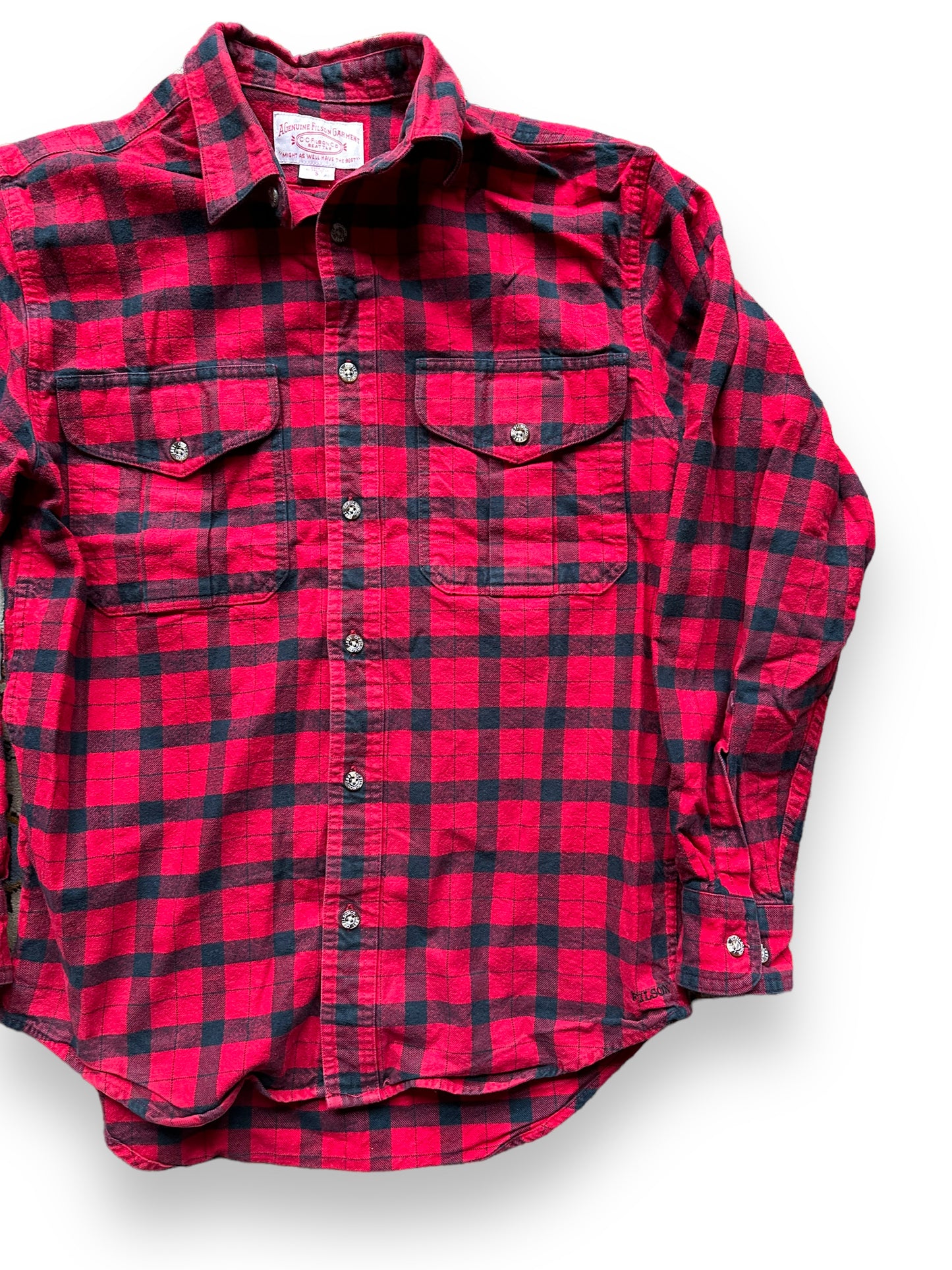 front left of Filson Black and Red Guide Shirt | Barn Owl Vintage Goods | Vintage Filson Workwear Seattle