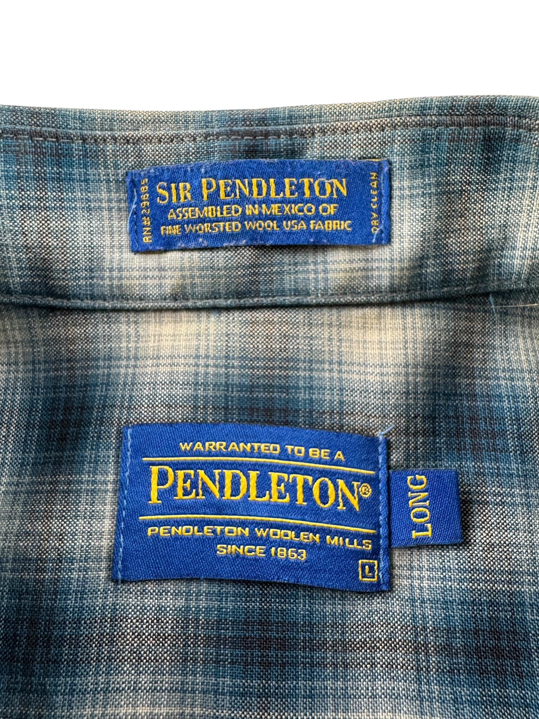 Label on Modern Pendleton "Sir Pendleton" Shadow Plaid Shirt SZ L Long