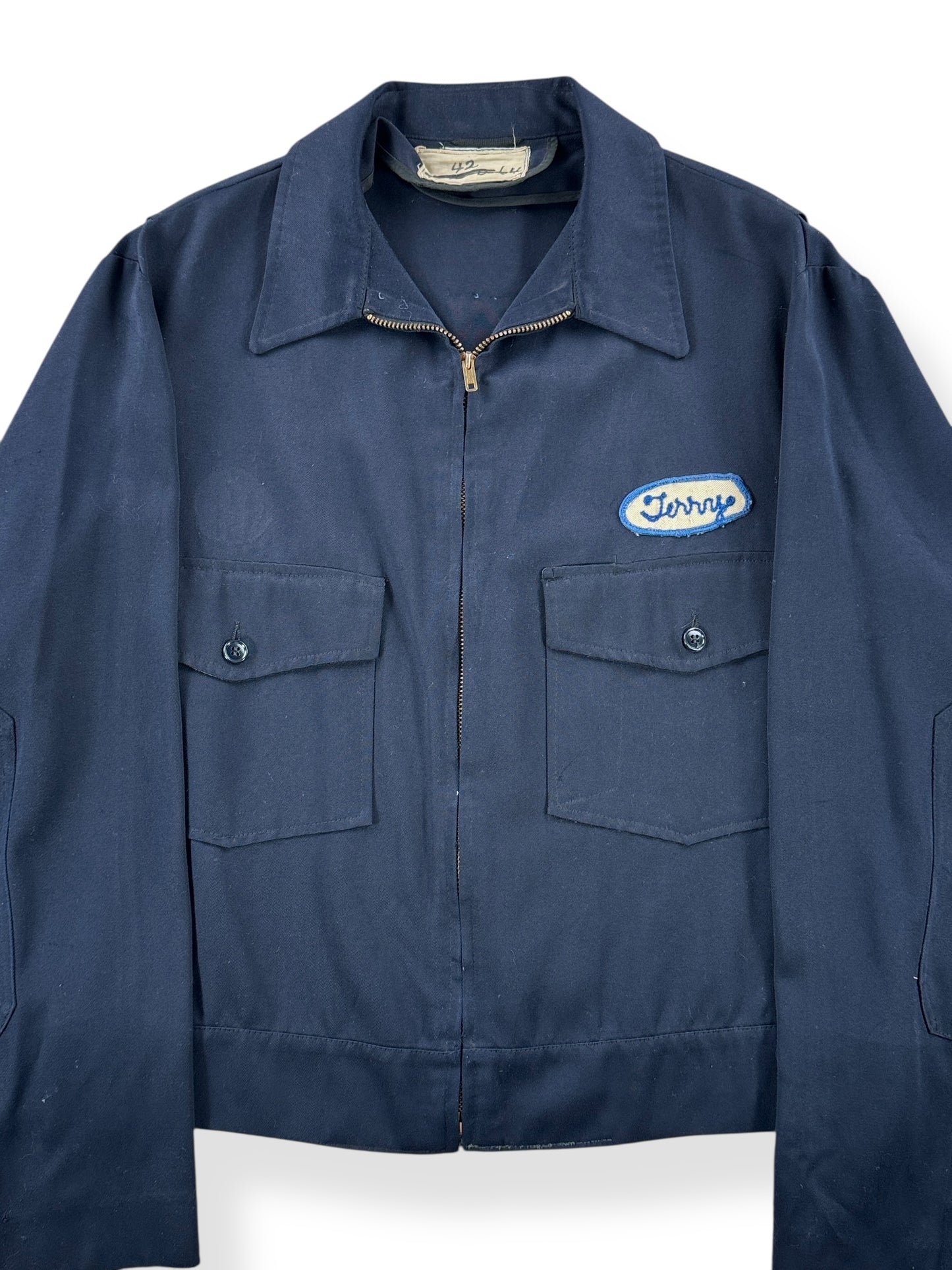 Front Close Up of Vintage Terry Gabardine Gas Station Jacket SZ 42