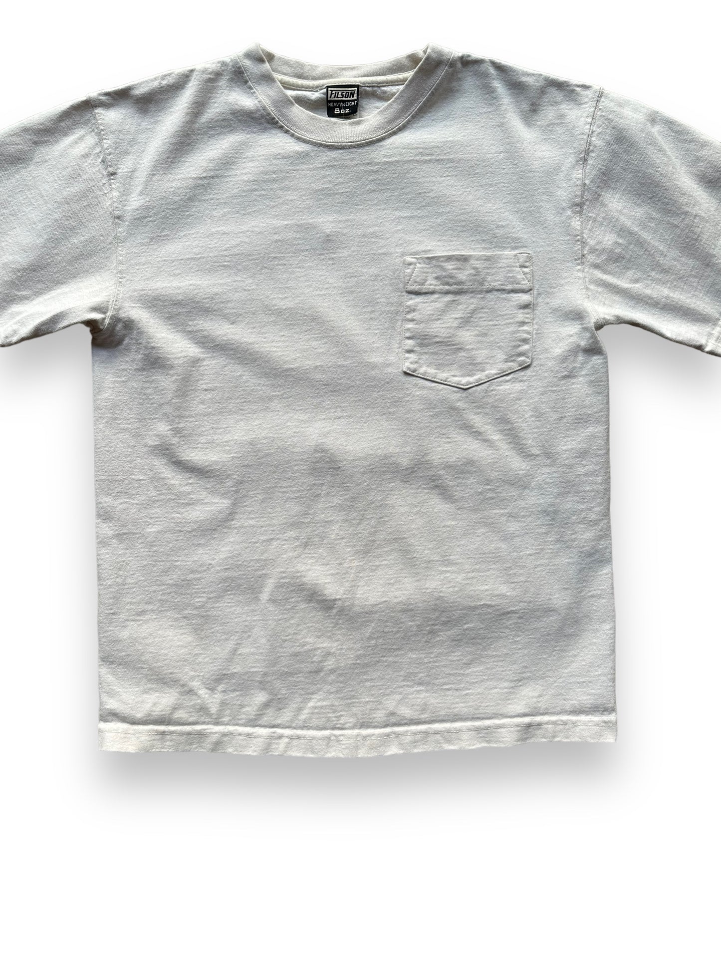 Front Detail on White Filson Loopwheel Heavyweight Cotton Pocket Tee SZ M | Barn Owl Vintage Goods | Vintage Filson Workwear Seattle