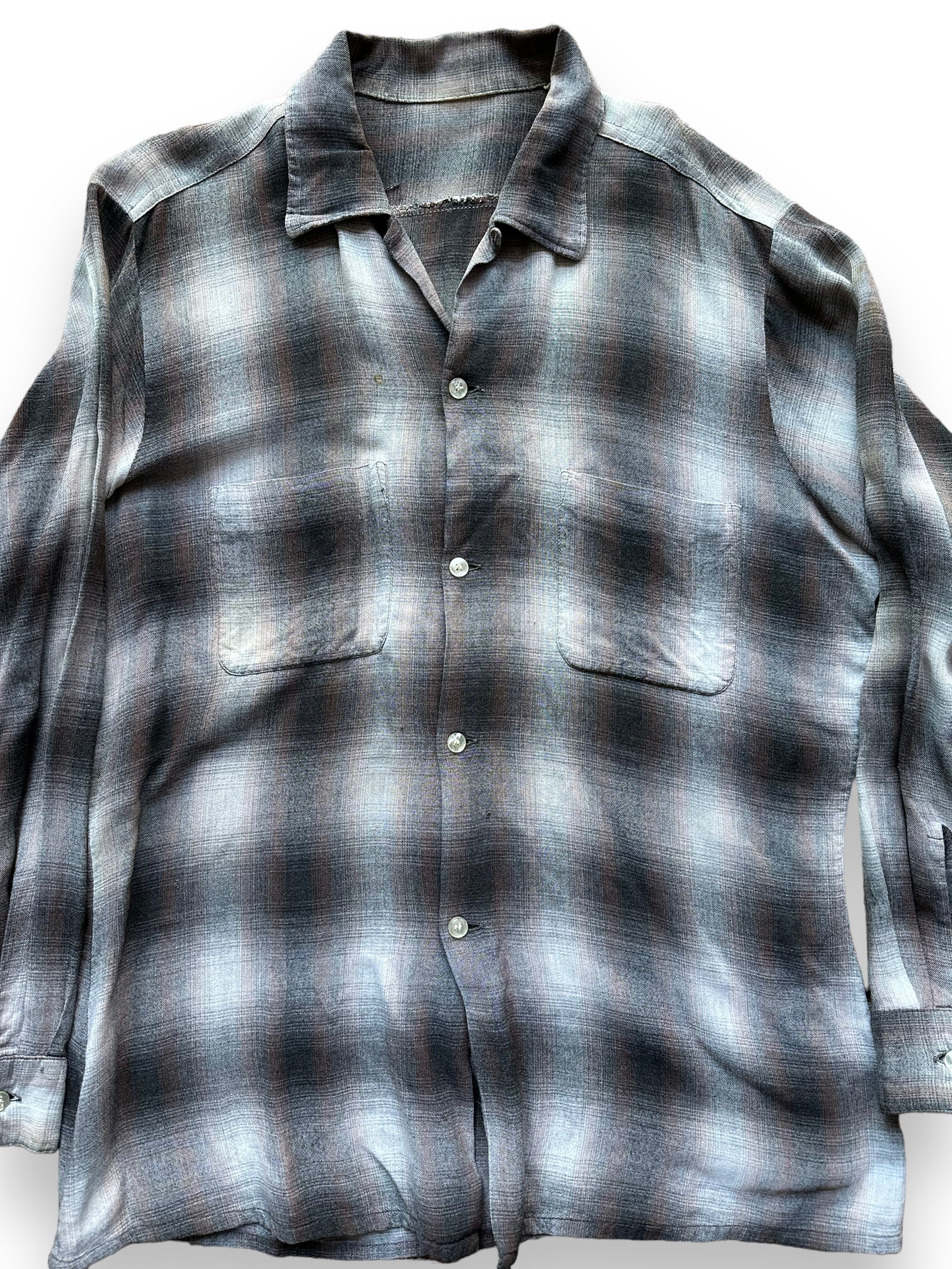 Front Detail on Vintage Arrow Chevella Shadow Plaid Rayon Shirt SZ L | Vintage Rayon Shirt Seattle | Barn Owl Vintage Seattle