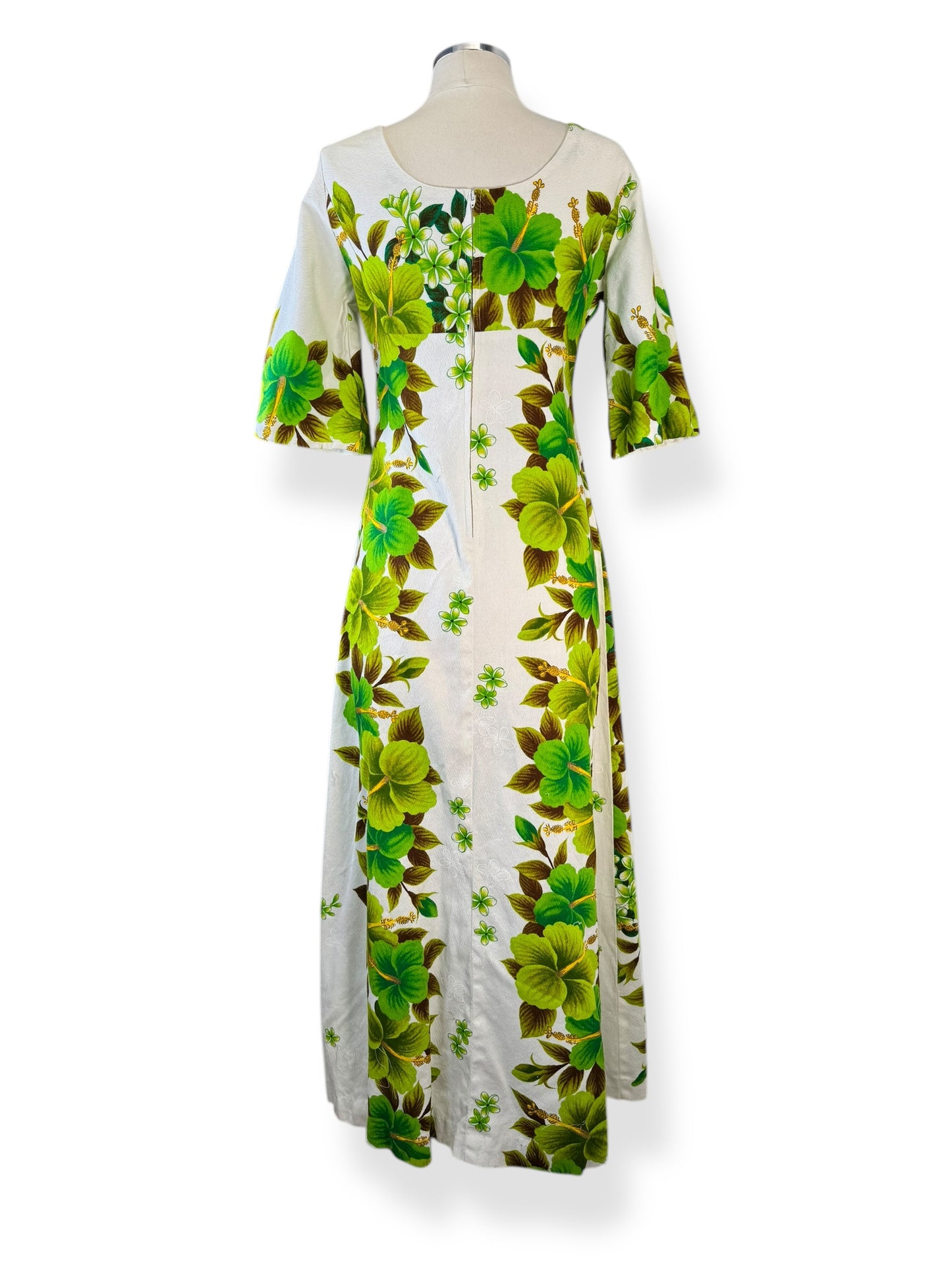Back view of 1960s Green Hibiscus Aloha Dress S