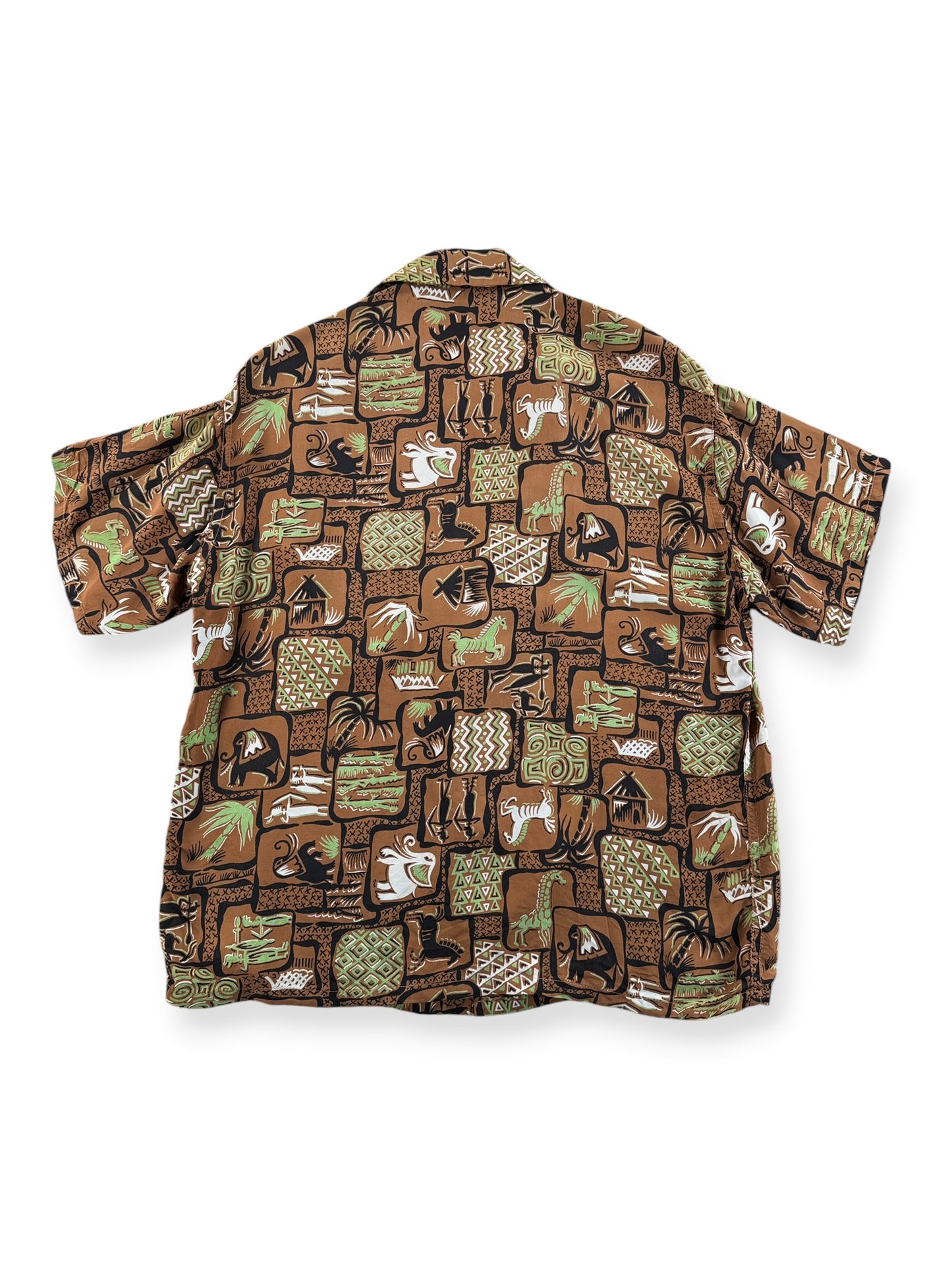 Back of Vintage Brown Rayon Patterned Aloha Shirt SZ S - AS IS