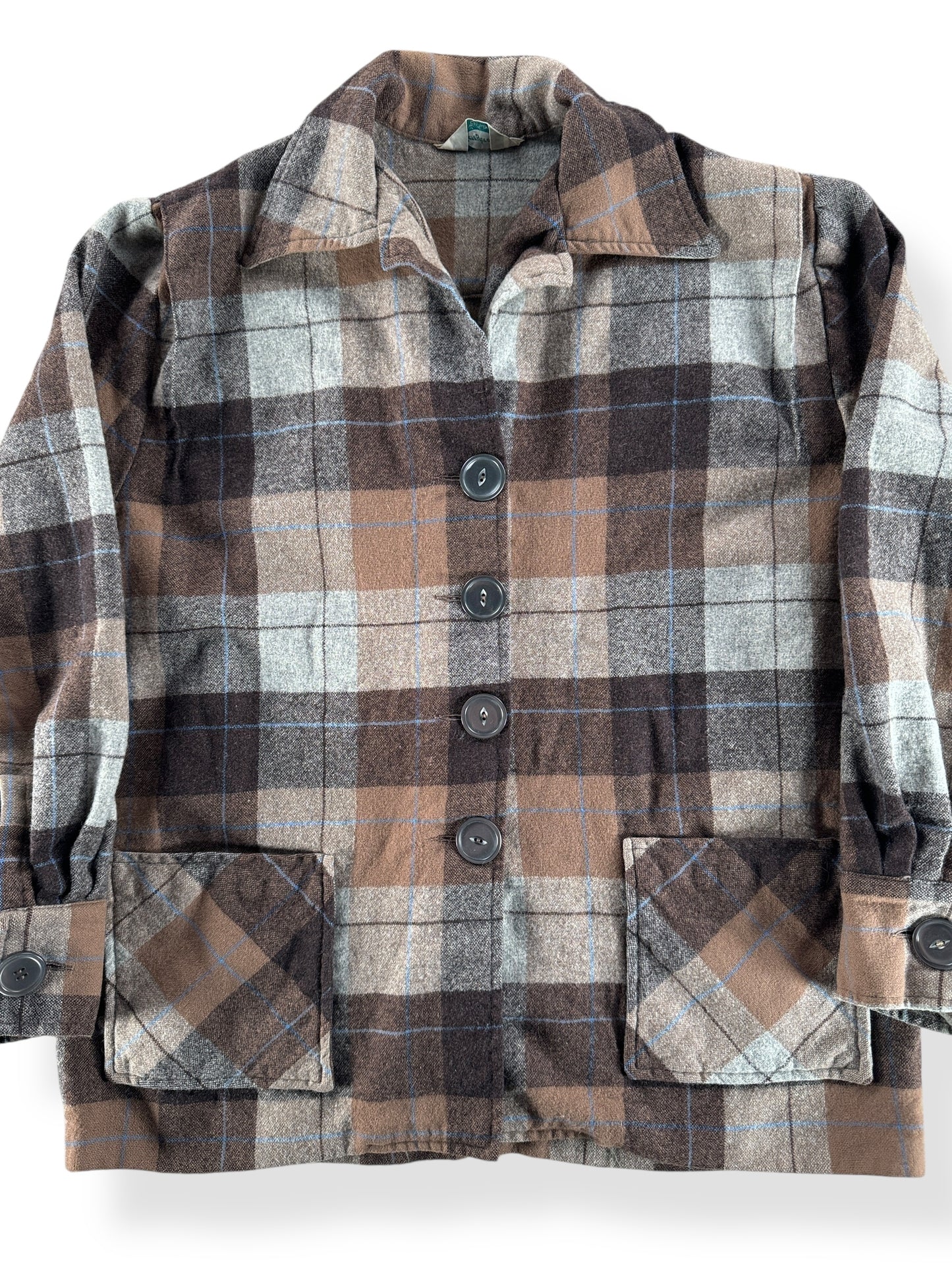 Front Close Up of Vintage Sears Kerrybrook Brown Blue 49er Style Jacket SZ M