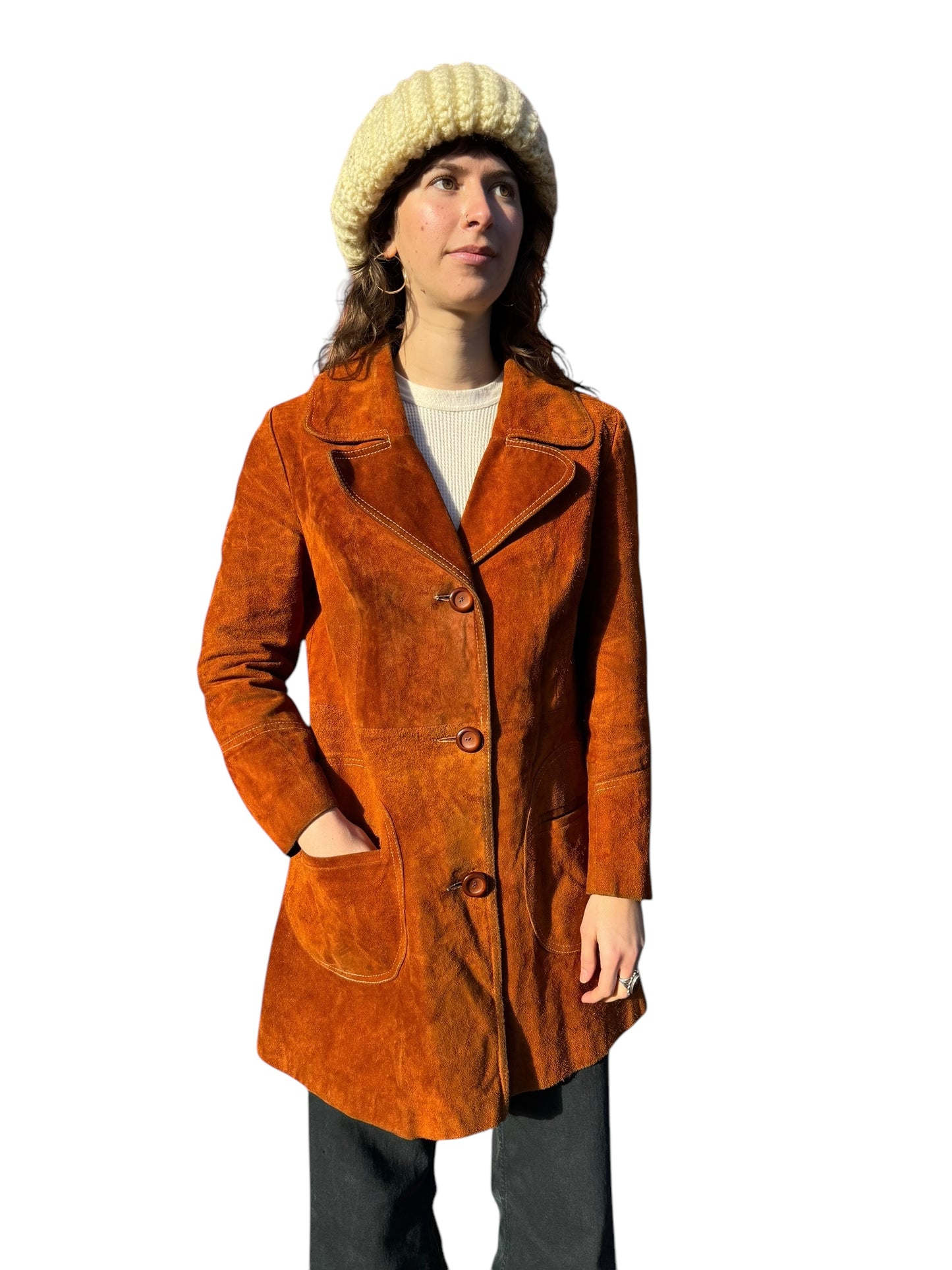 Front view of 1970s Brown Suede Coat M