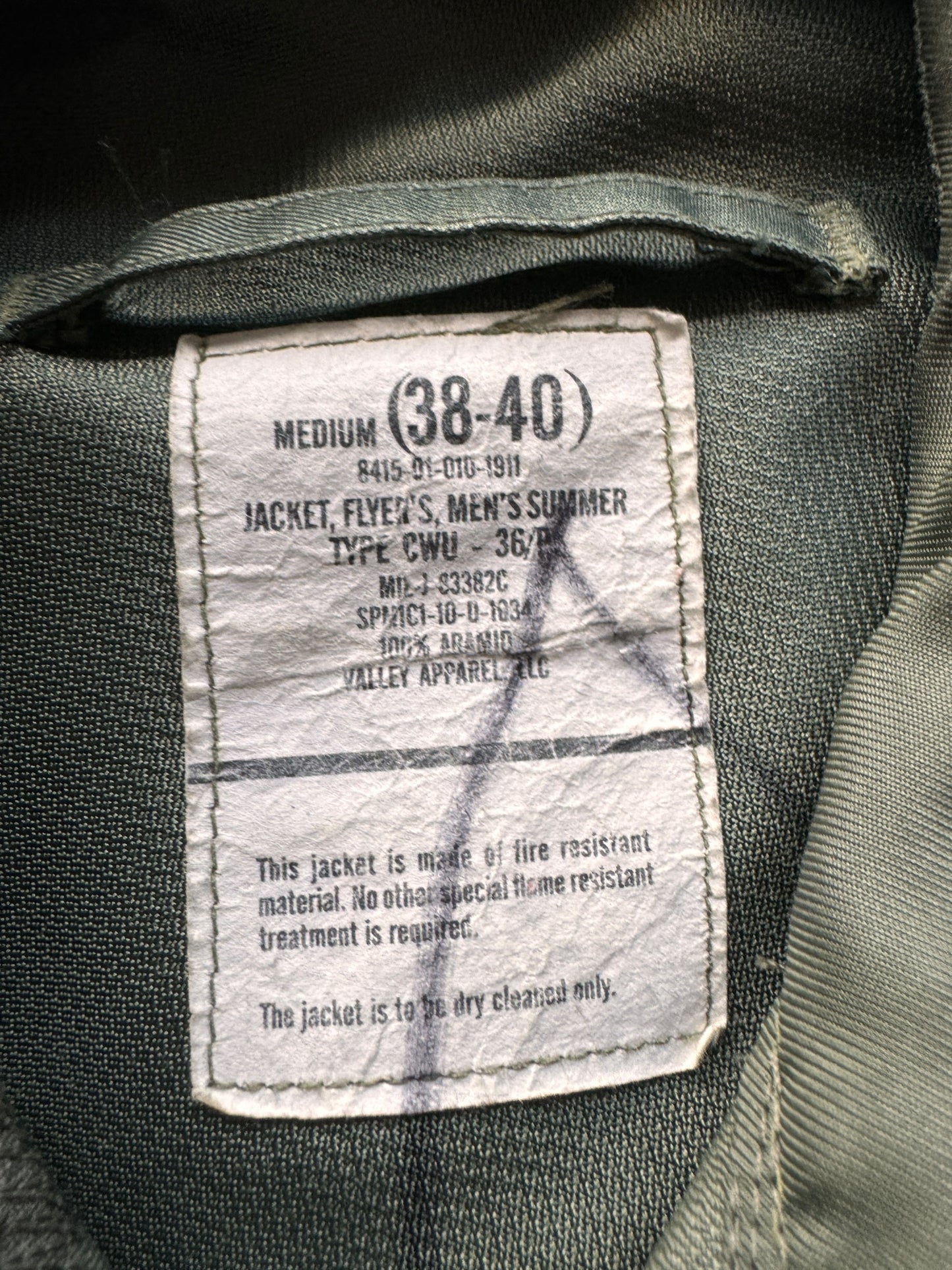 Tag on Vintage Mens CWU-36 Summer Flight Jacket SZ M