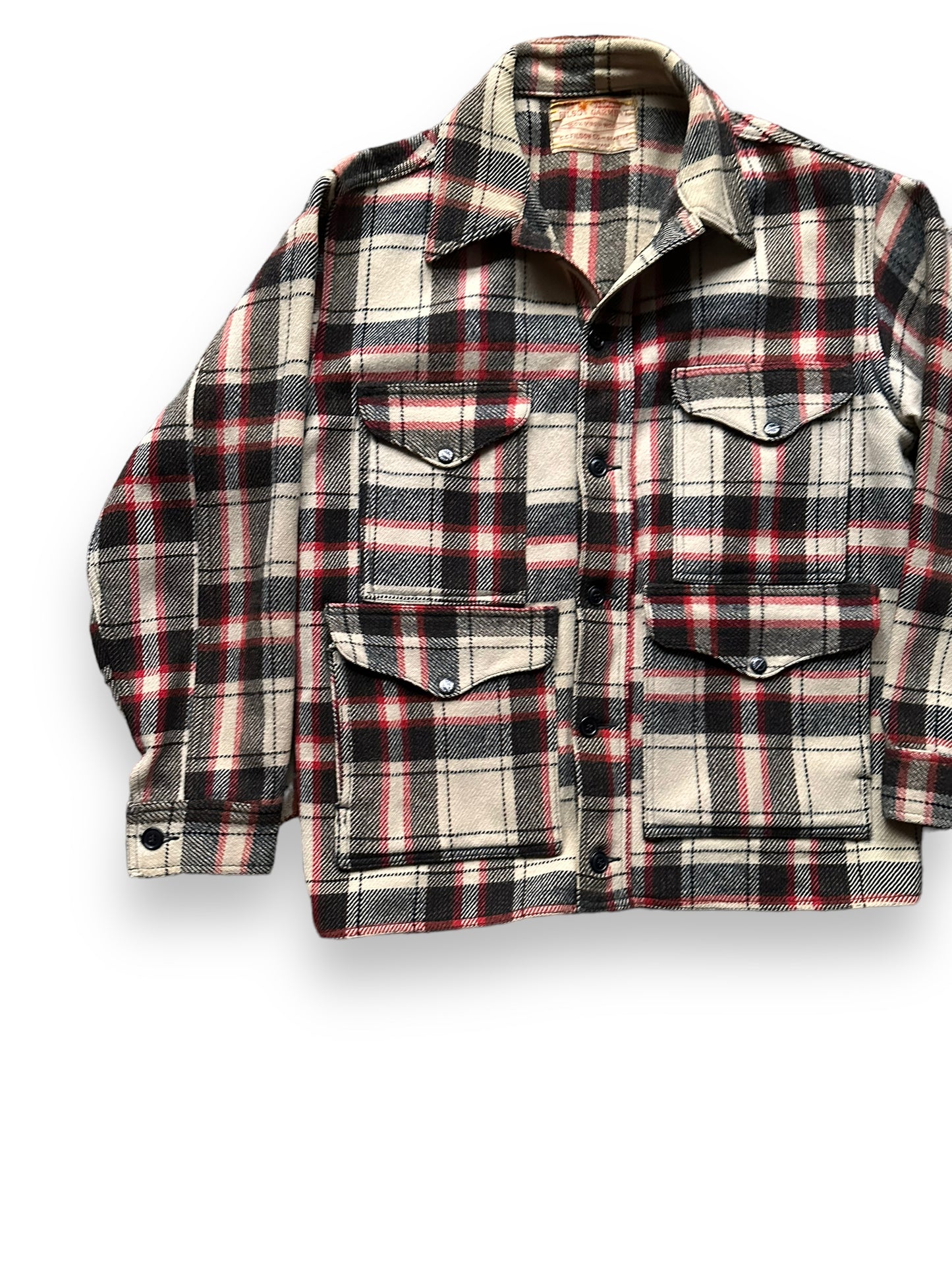 Front Right View of Extremely Rare 1951 Filson Red-Black-White Single Back Mackinaw Coat SZ 46 | Vintage Filson Peppermint Patty Alternate | Vintage Workwear Seattle
