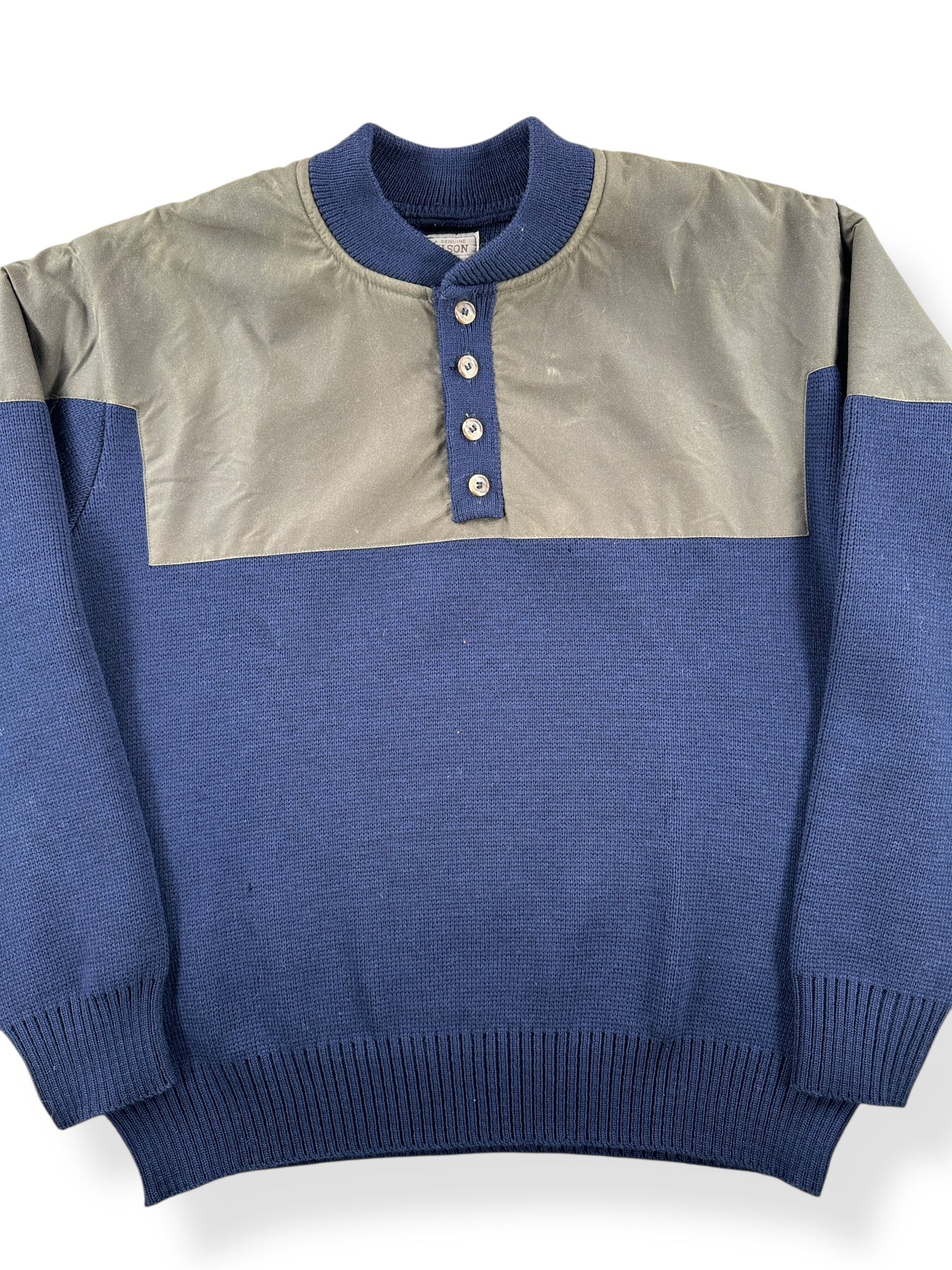 Front Close Up of Filson Henley Guide Sweater SZ L AS IS