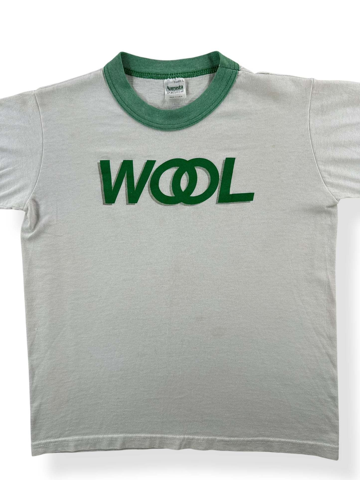 Front Close Up of Vintage Wool Ringer Tee SZ S