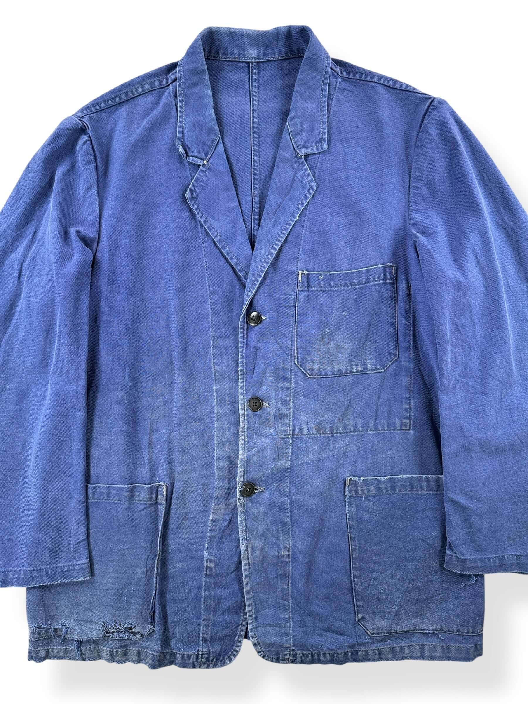Front Close Up of Vintage Faded and Loved French Chore Coat SZ L