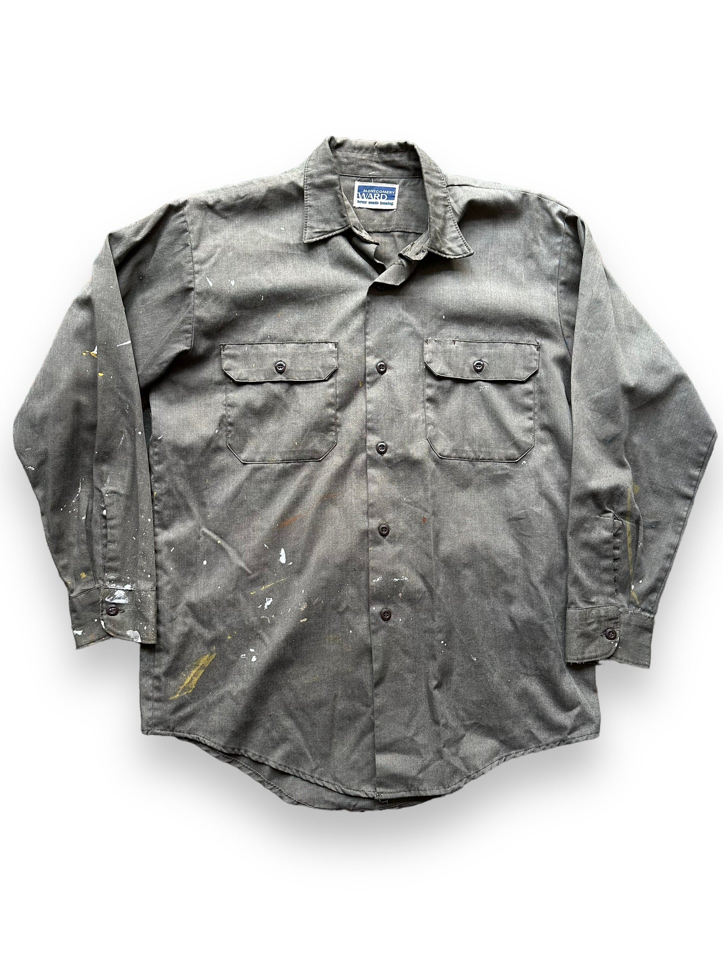Front View of Vintage Montgomery Ward Work Shirt SZ L | Vintage Painter Shirt Seattle | Barn Owl Vintage Seattle