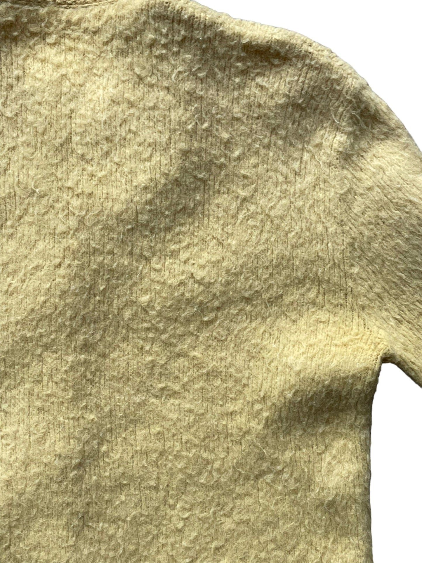 Back right shoulder view of Vintage 1950s Yellow Orlon Mohair Cardigan | Barn Owl Sweaters | Seattle Vintage