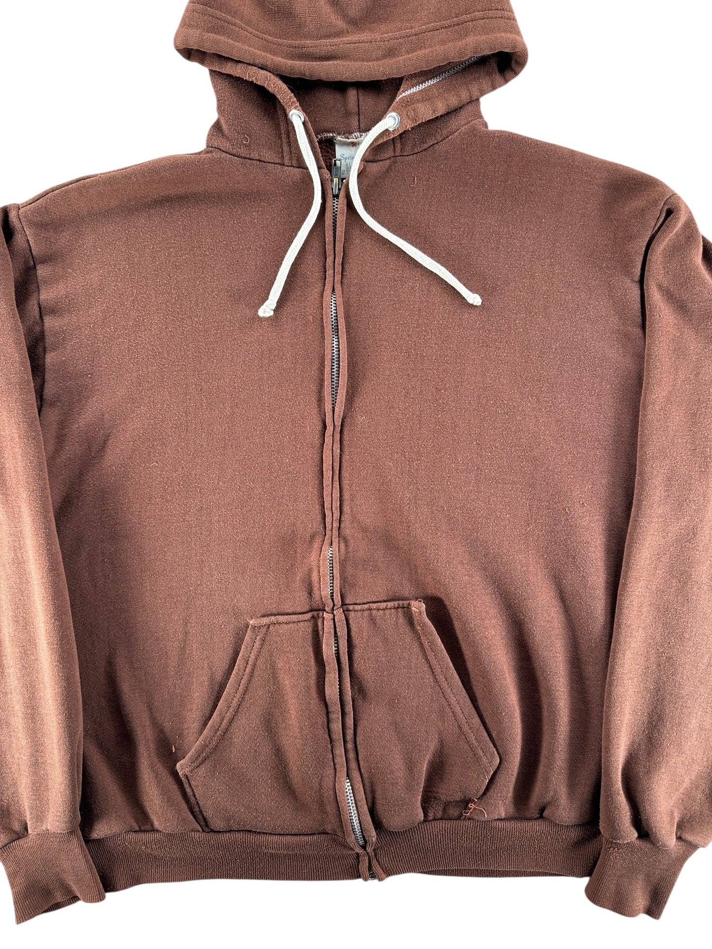 Front Close Up of Vintage Brown Zip Up Hoodie SZ L