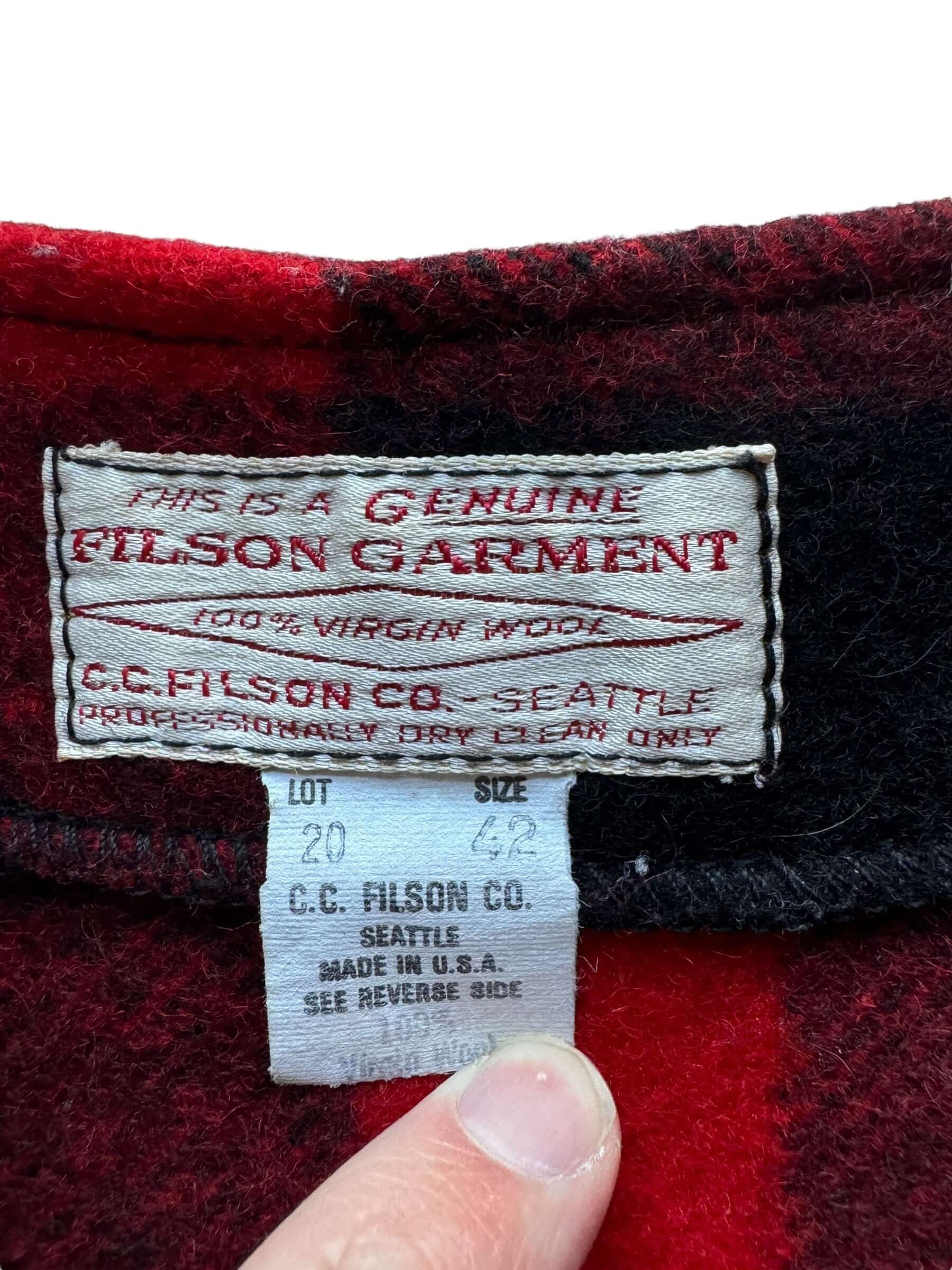 Tag on Vintage Filson Mackinaw Wool Vest SZ 42