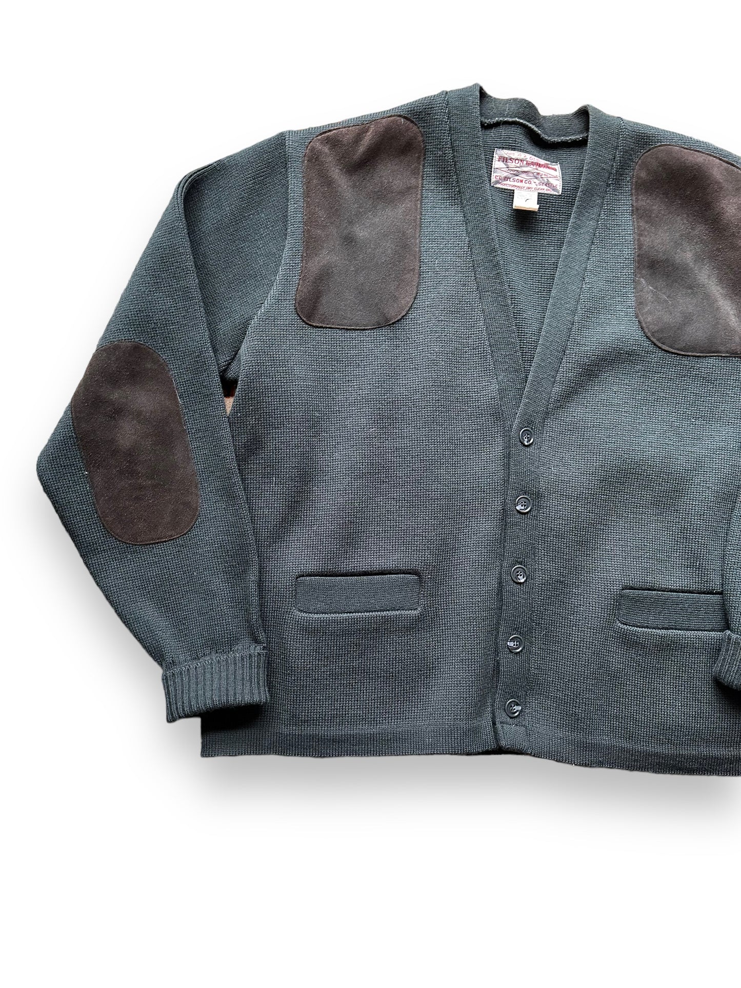 Right Front View on Vintage Filson Green Cardigan Sweater SZ XL | Vintage Workwear Seattle | Vintage Filson Seattle