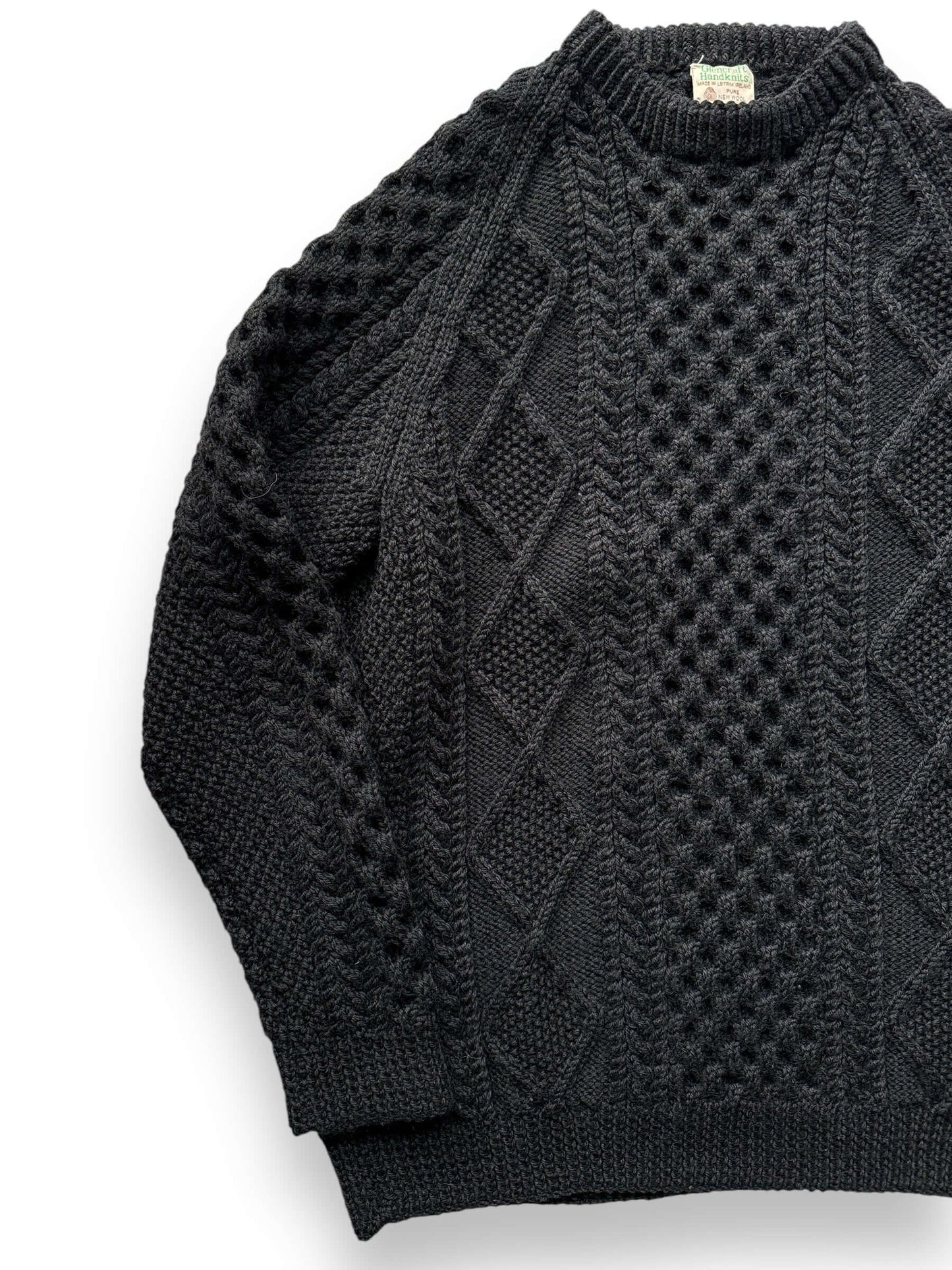 front right of Vintage Black Glencraft Handknits Irish Wool Sweater SZ L