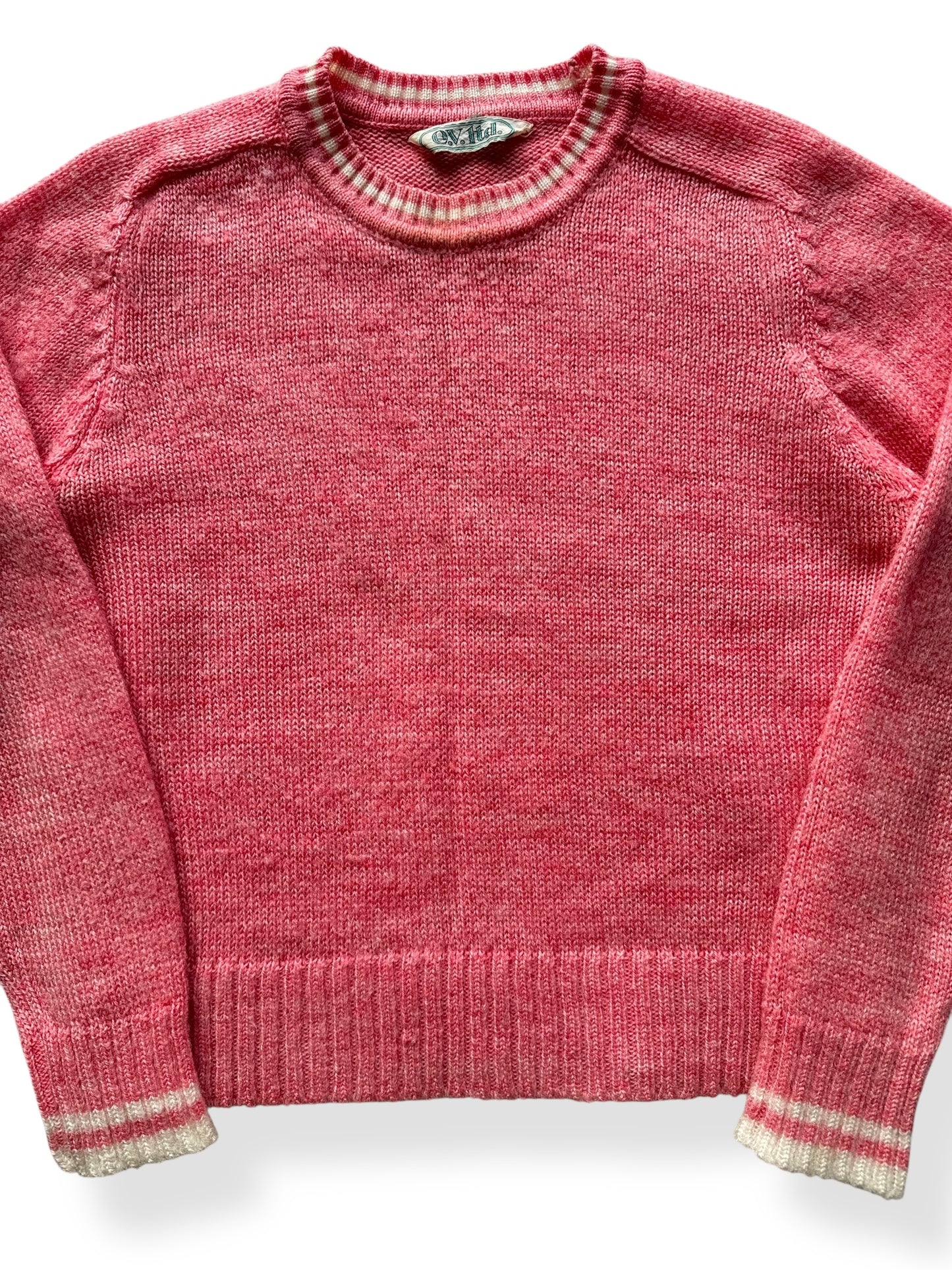 Front Close Up of Vintage E.V. Ltd Pink Wool Ladies Sweater SZ S