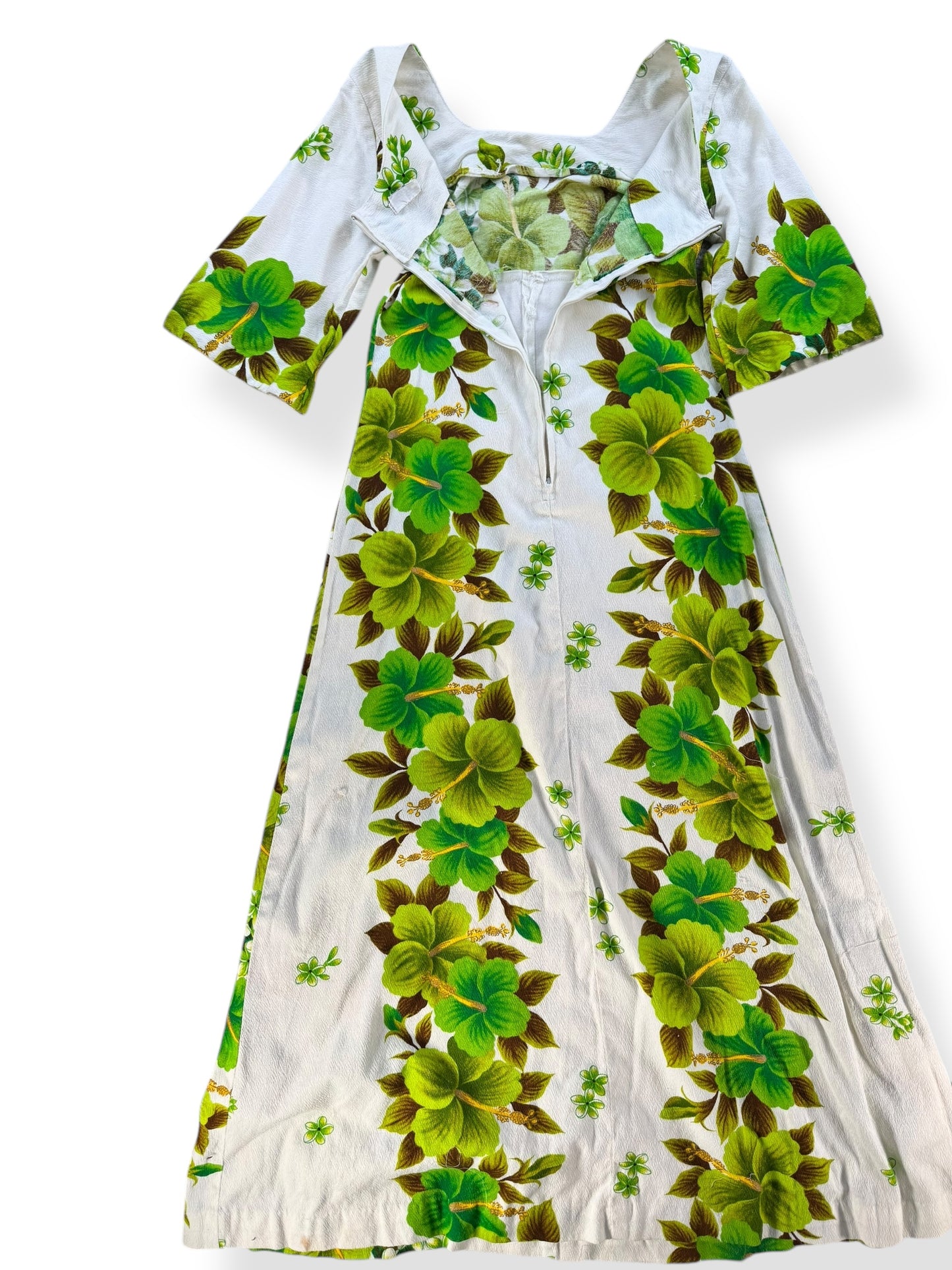 Back view of 1960s Green Hibiscus Aloha Dress S