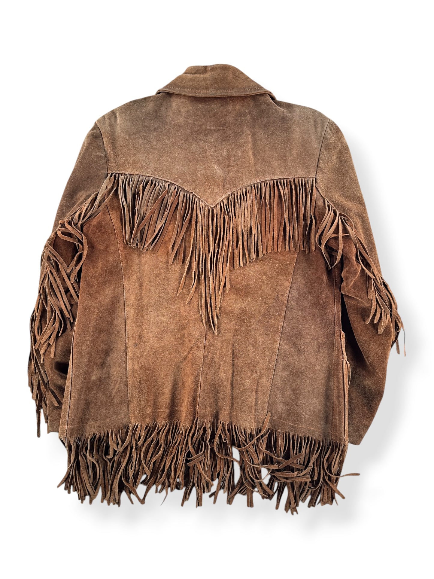 Back of Vintage 70s Ms Pioneer Fringe Suede Leather Jacket SZ 14