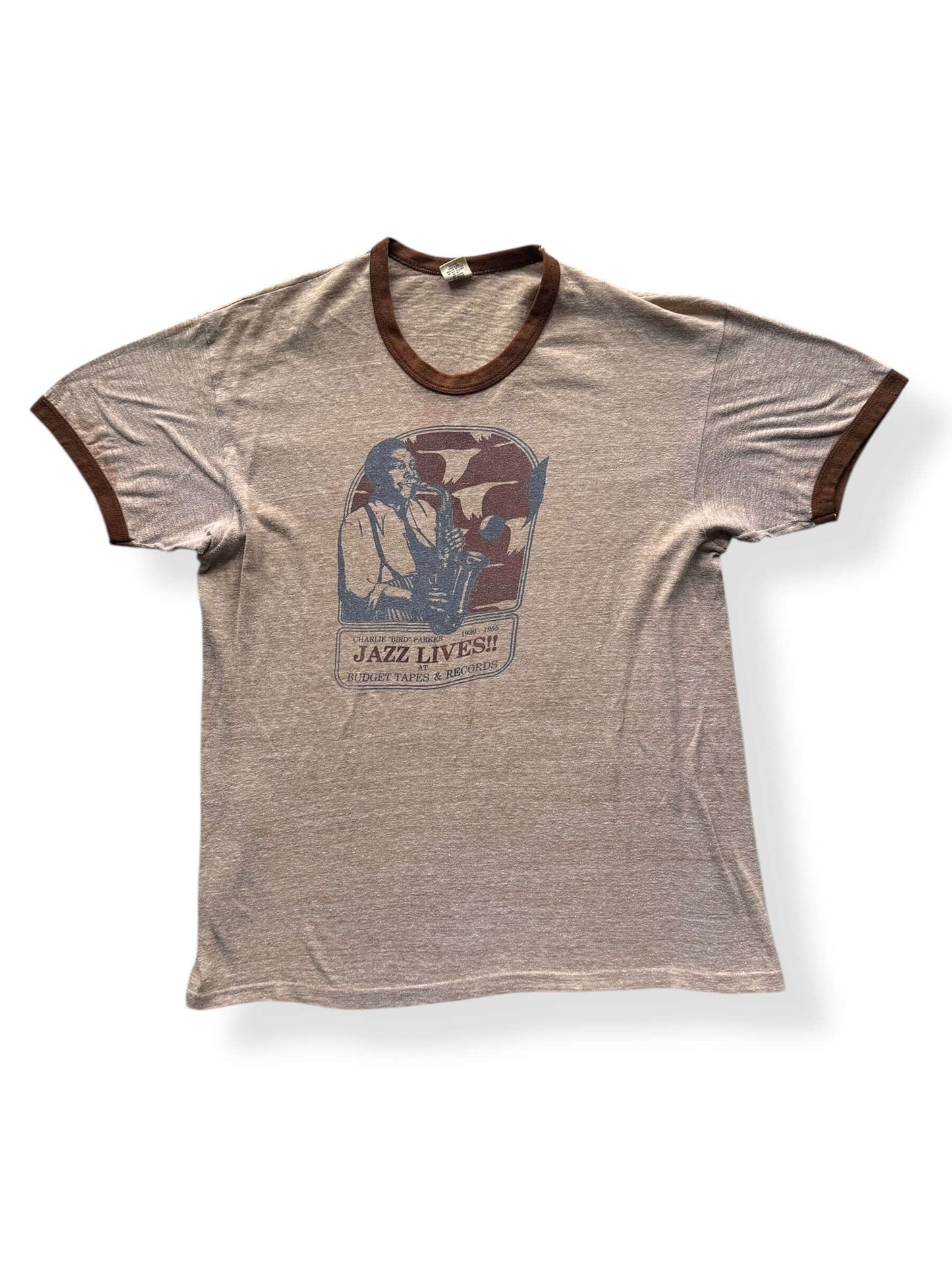 Front of Vintage Jazz Lives Charlie Parker Ringer Tee SZ L