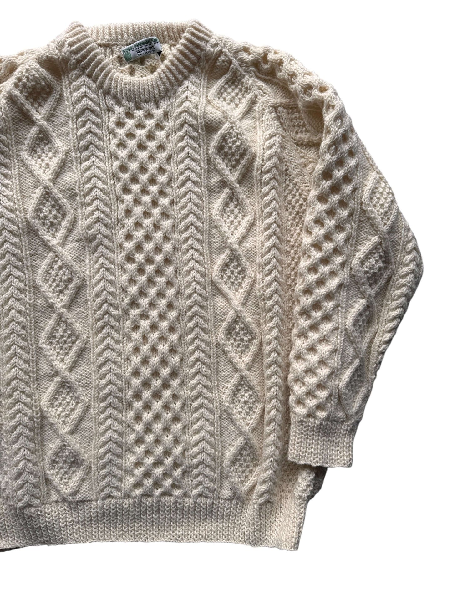 Front Left of Vintage Ronnie Hannigan Cream Irish Cable Knit Fishermans Sweater SZ XL