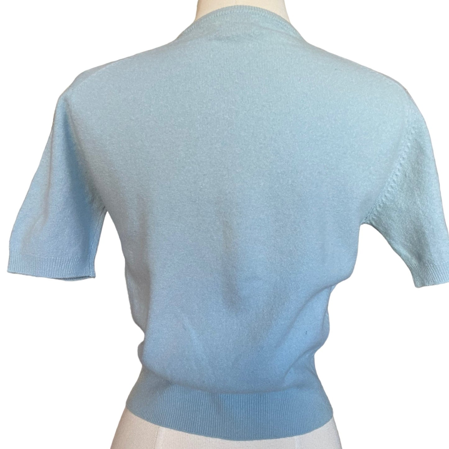 Full back view of Vintage 1950s Blue Short Sleeve Lamb's Wool Sweater | Seattle Vintage Sweaters | Barn Owl Vintage