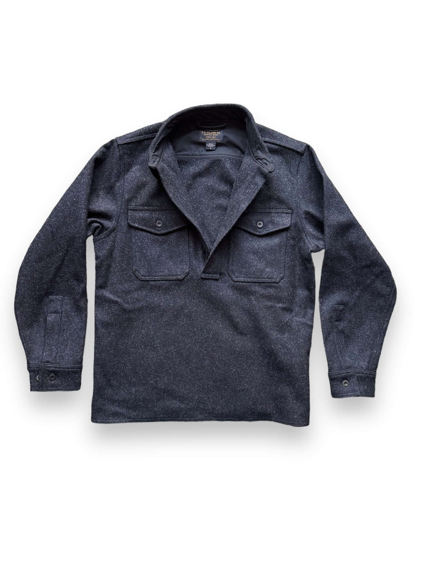 unbuttoned Filson Black Wool Pullover Shirt SZ M