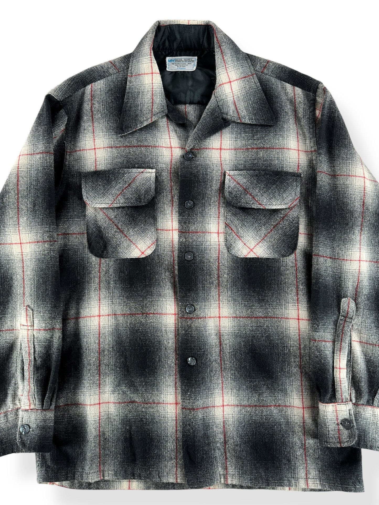 Front Close Up of Vintage Penney's Wool Blend Shadow Plaid Flannel SZ M