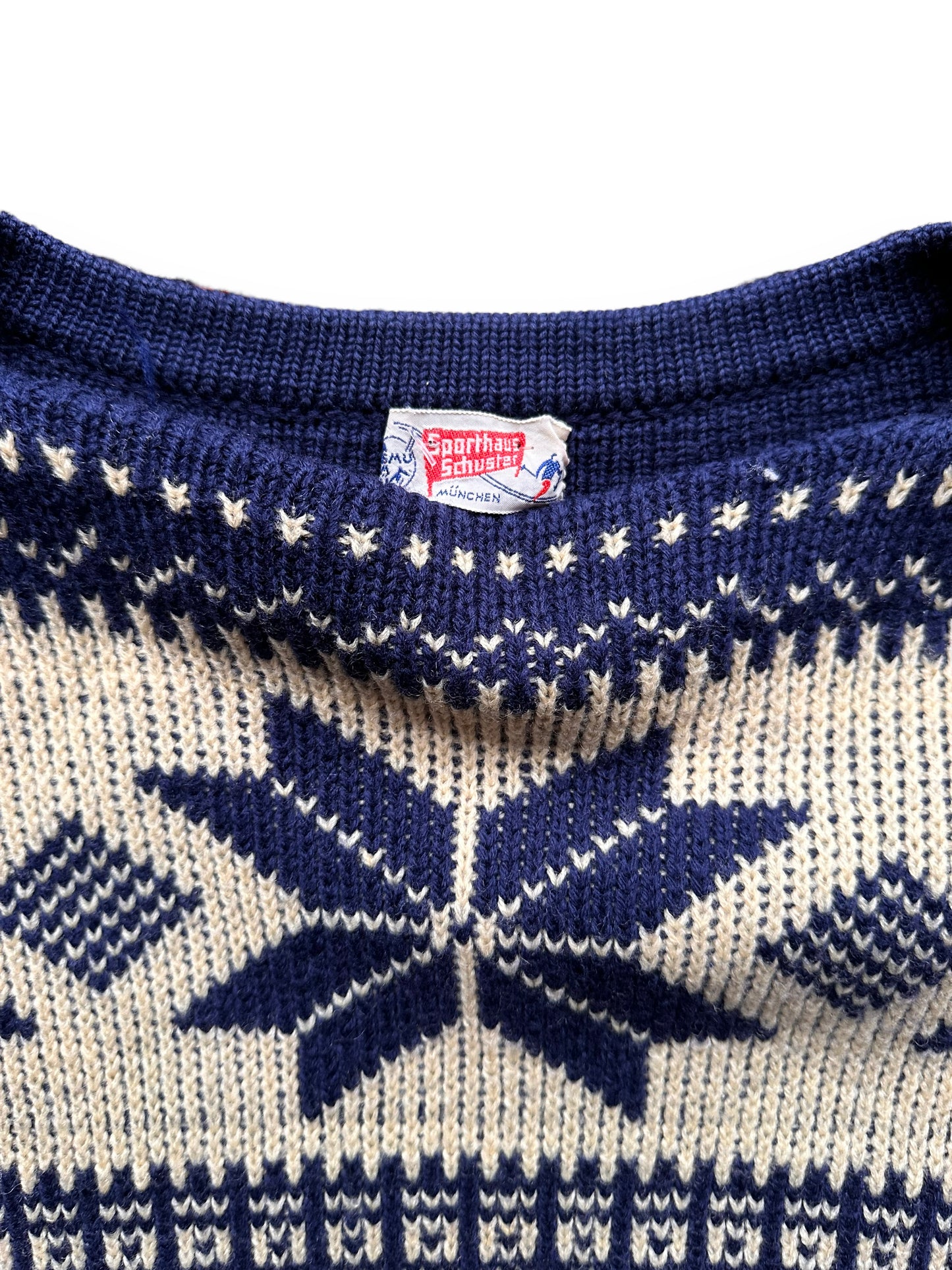 Tag View of Vintage Sporthaus Schuster Ski Sweater | Barn Owl Vintage Seattle | Vintage Ski Sweater Seattle