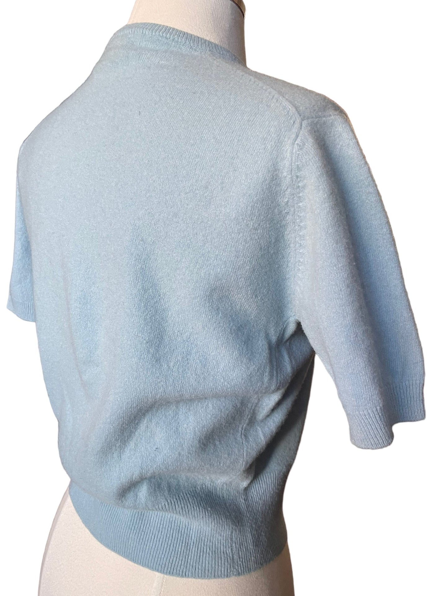 Back right sied view of Vintage 1950s Blue Short Sleeve Lamb's Wool Sweater | Seattle Vintage Sweaters | Barn Owl Vintage