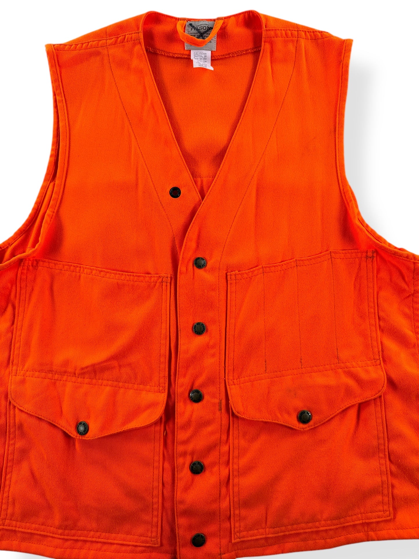 Front Close Up of Modern Filson Style 12 Blaze Orange Vest SZ 40