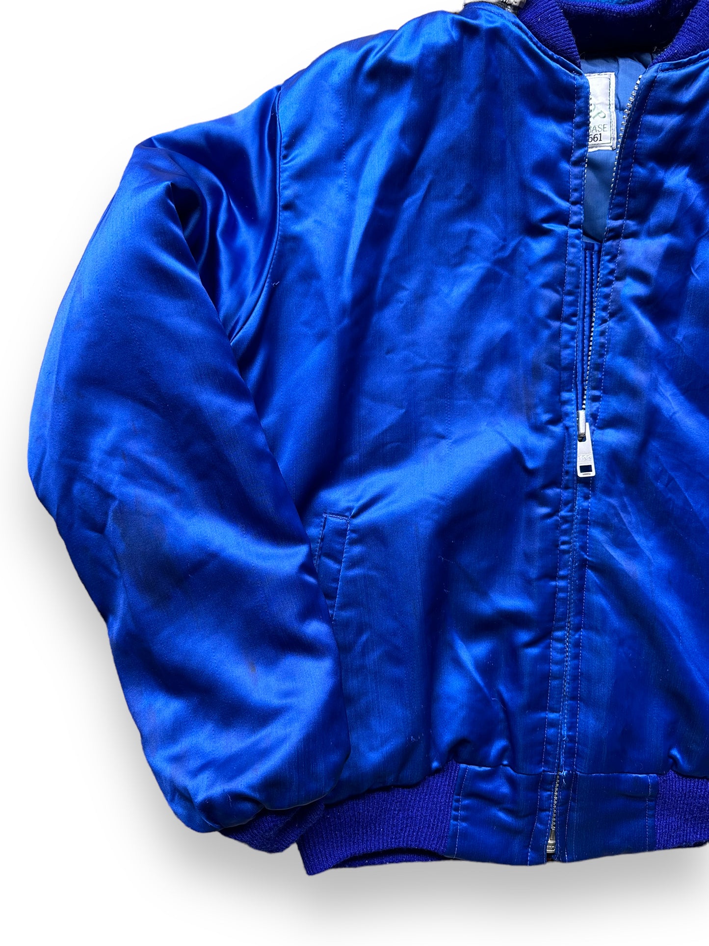 Front Right View of Vintage Blue Korea Souvenir Jacket SZ L | Vintage Souvenir Jacket Seattle | Barn Owl Vintage Seattle