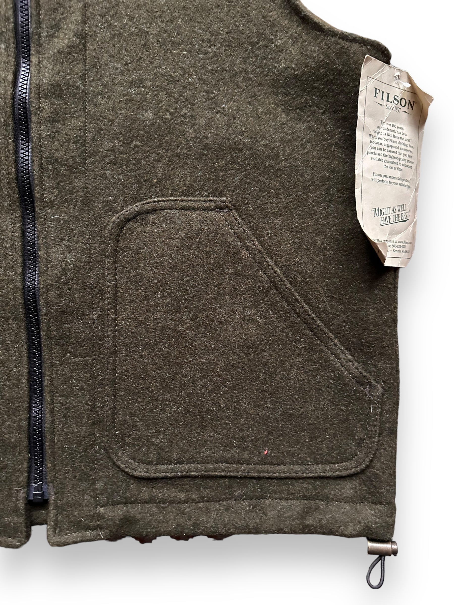 Lower Left Front View of New Old Stock Filson Forest Green Mackinaw Wool Liner SZ M |  Barn Owl Vintage Goods | Vintage Filson Workwear Seattle