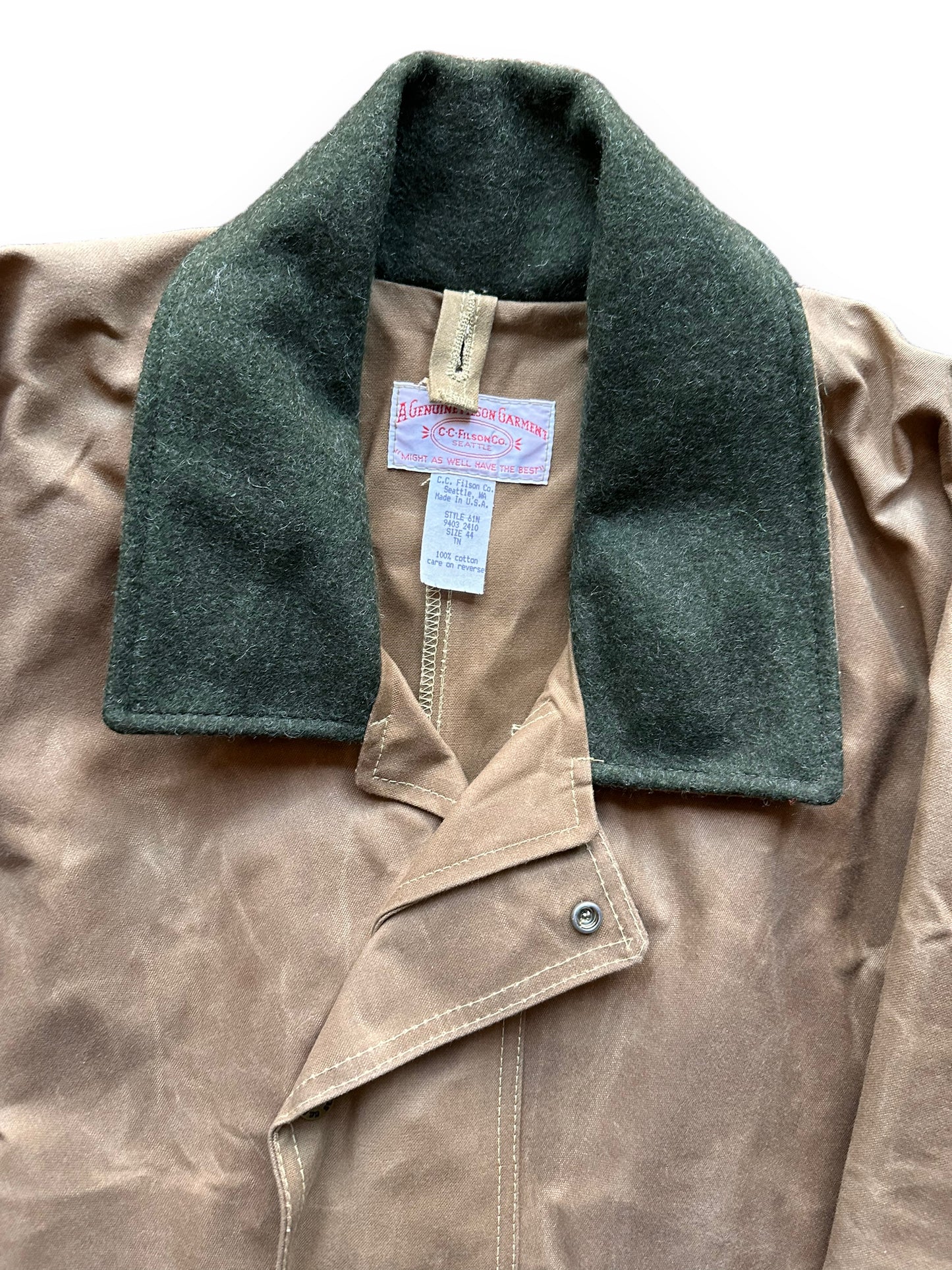 Upper Front View of Vintage NOS Filson Tin Cloth Packer Coat SZ 44 | Barn Owl Vintage Goods Filson | Vintage Filson Workwear Seattle