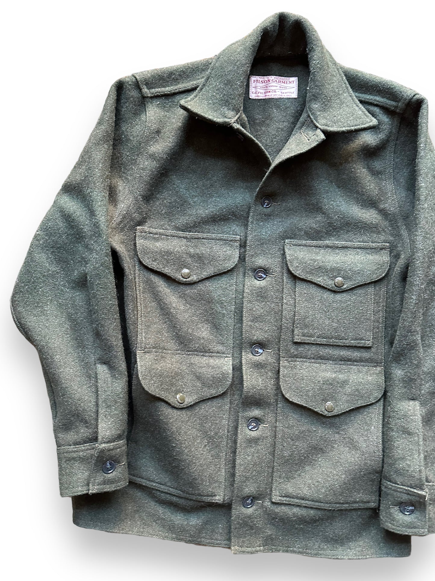 Front Right View of Filson Forest Green Mackinaw Cruiser SZ 42 |  Filson Cruiser Seattle | Vintage Workwear Seattle