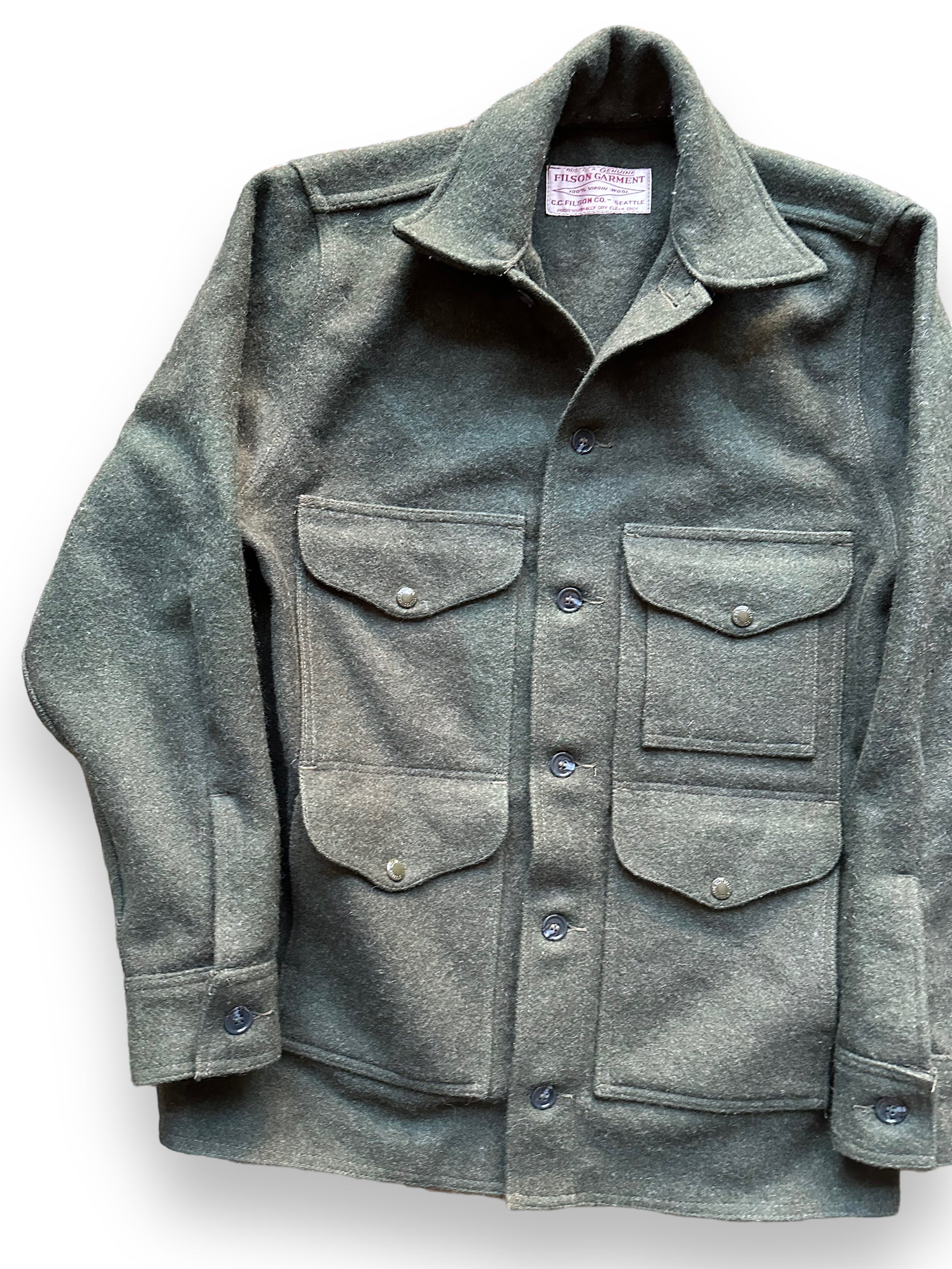 Front Right View of Filson Forest Green Mackinaw Cruiser SZ 42 |  Filson Cruiser Seattle | Vintage Workwear Seattle