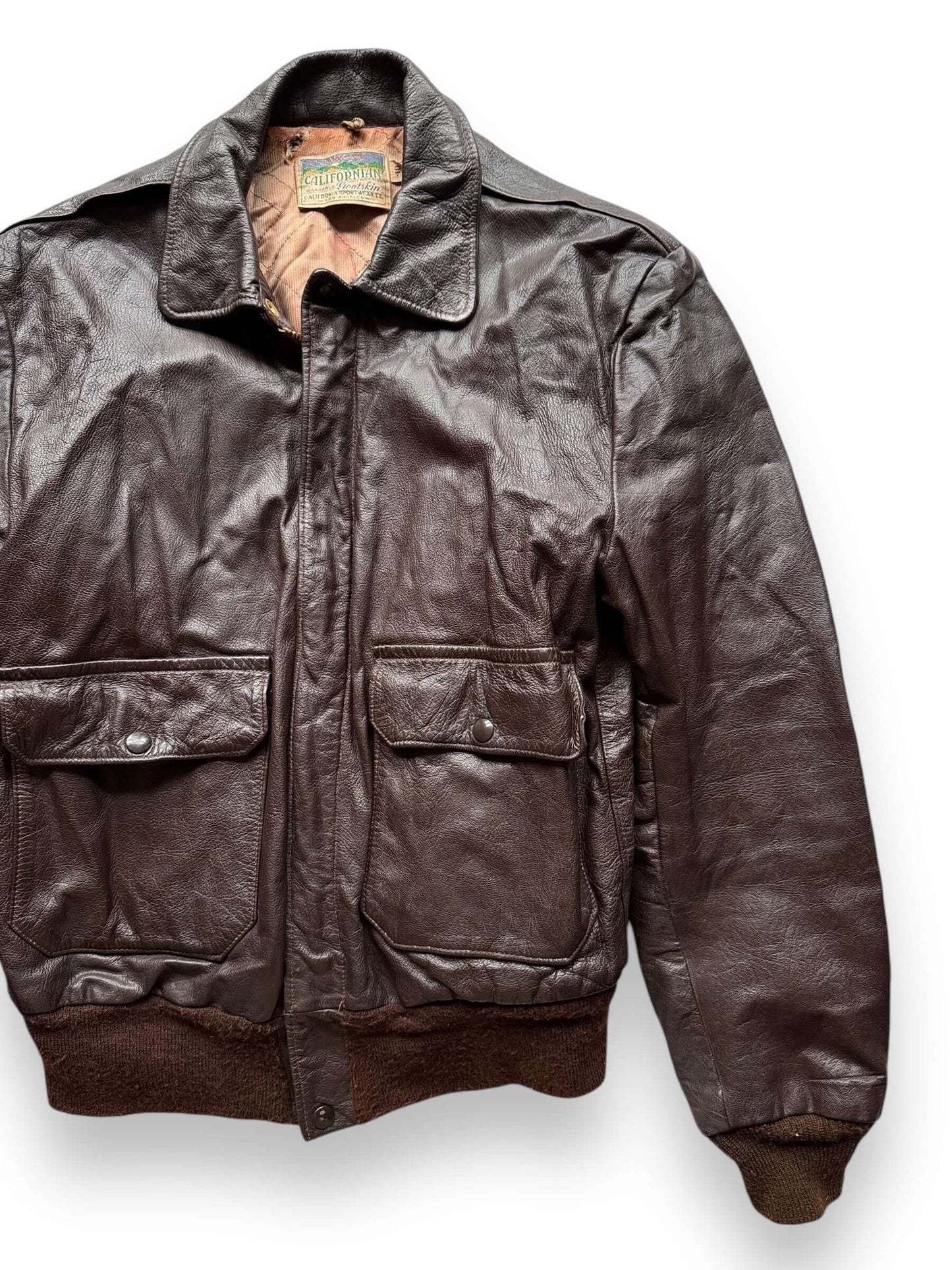 front left of Vintage 30s/40s Era Californian Goatskin A-2 Leather Jacket SZ 40