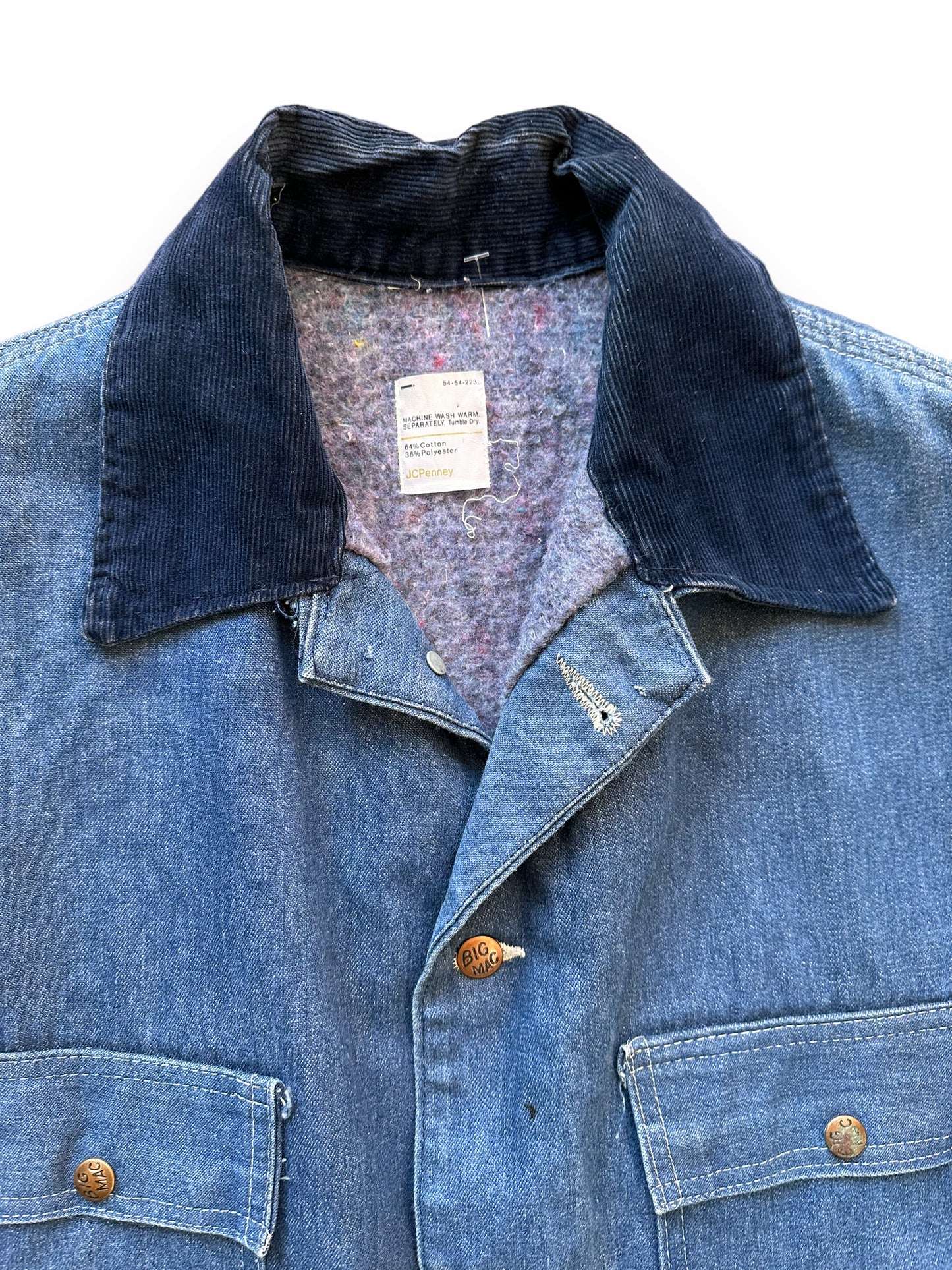 Collar View of Vintage Big Mac Blanket Lined Denim Chore Coat SZ XL | Vintage Denim Chore Coat | Barn Owl Vintage Seattle