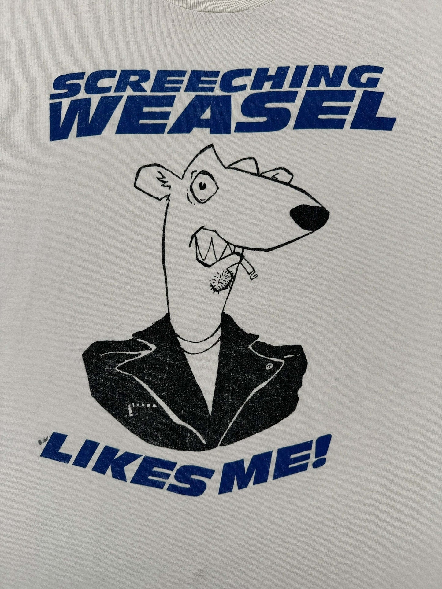 Front Graphic of Vintage Screeching Weasel Loves Me Tee SZ XL