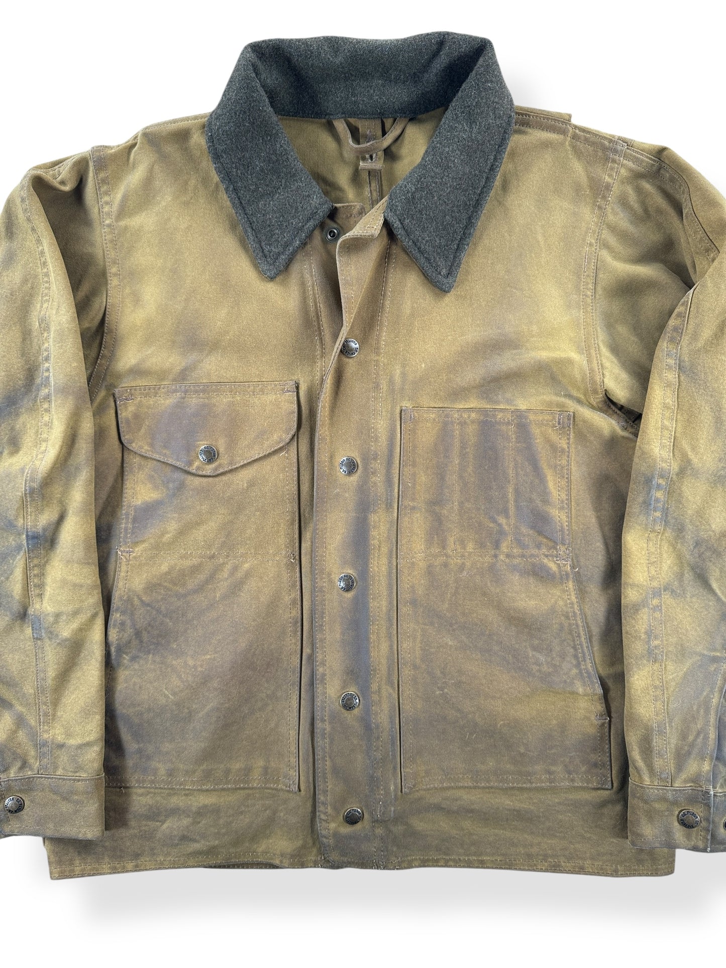 Front Close Up of Modern Filson Dark Tan Tin Cloth Jacket SZ S