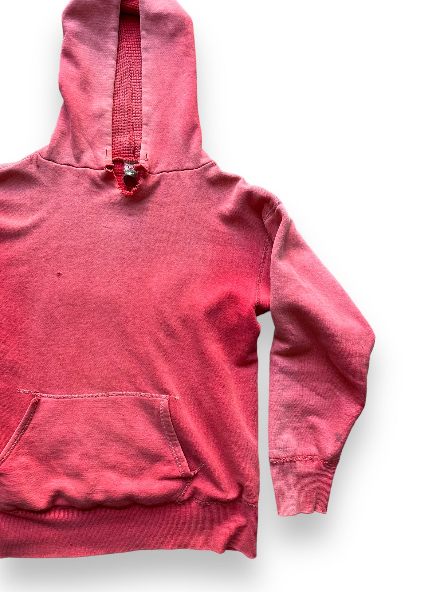 Front Left View of Vintage Red De Jac Waffle Lined Hooded Sweatshirt SZ L | Vintage Waffle Sweatshirt Seattle | Barn Owl Vintage Clothing