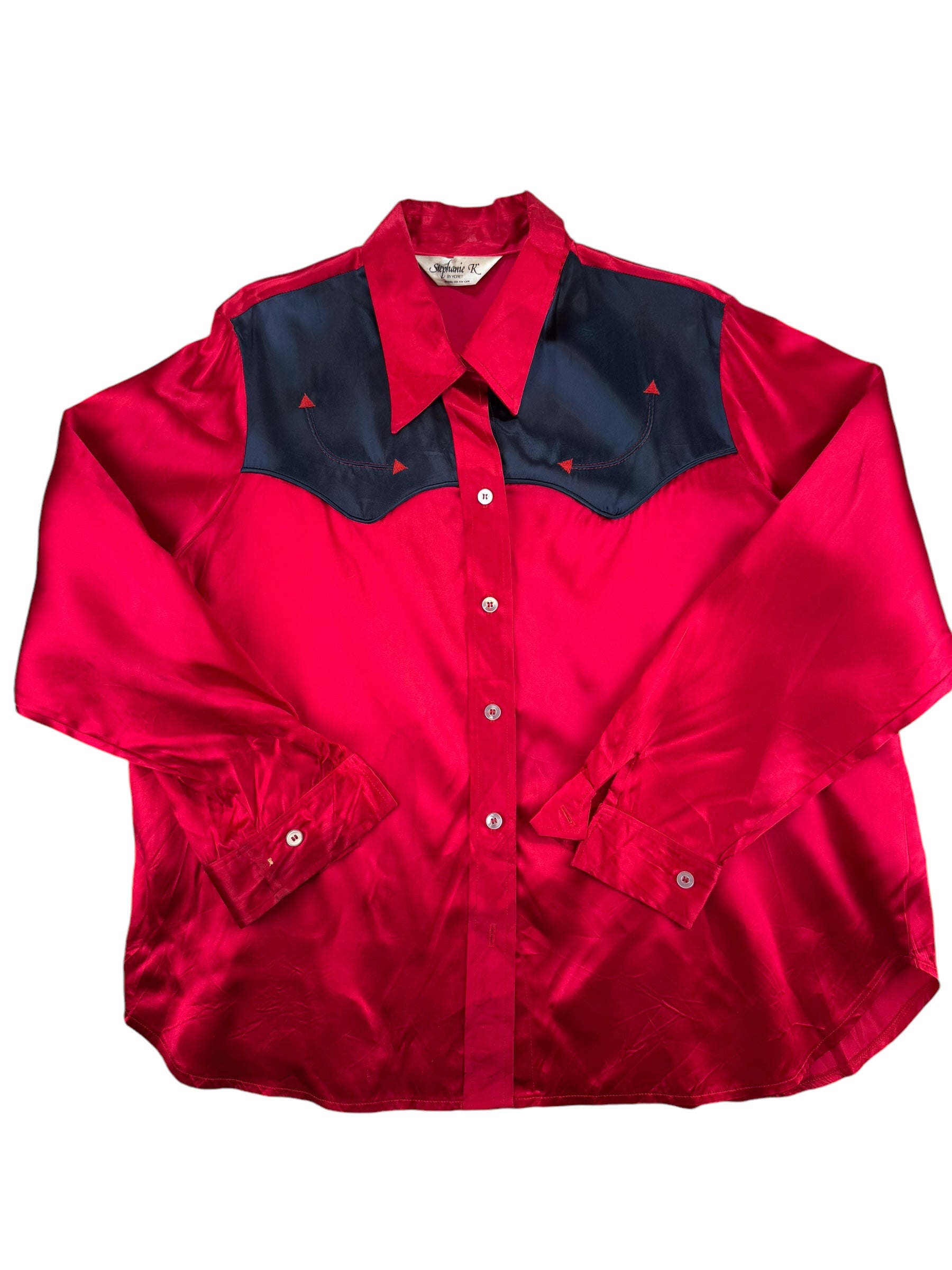 1980s Red and Black Satin Western Pearl Snap Shirt XL