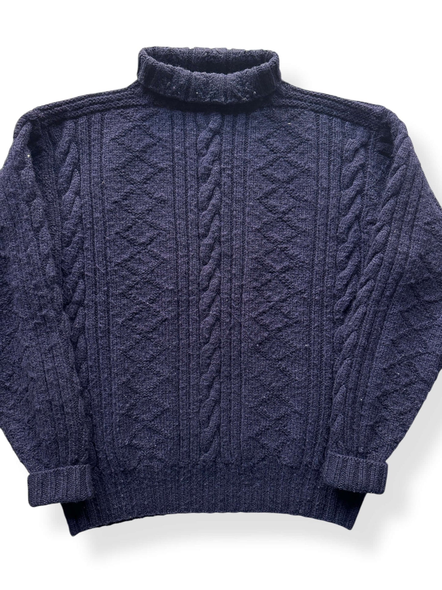 Front Close Up of Double RL Navy Blue Wool Fisherman Sweater SZ XL